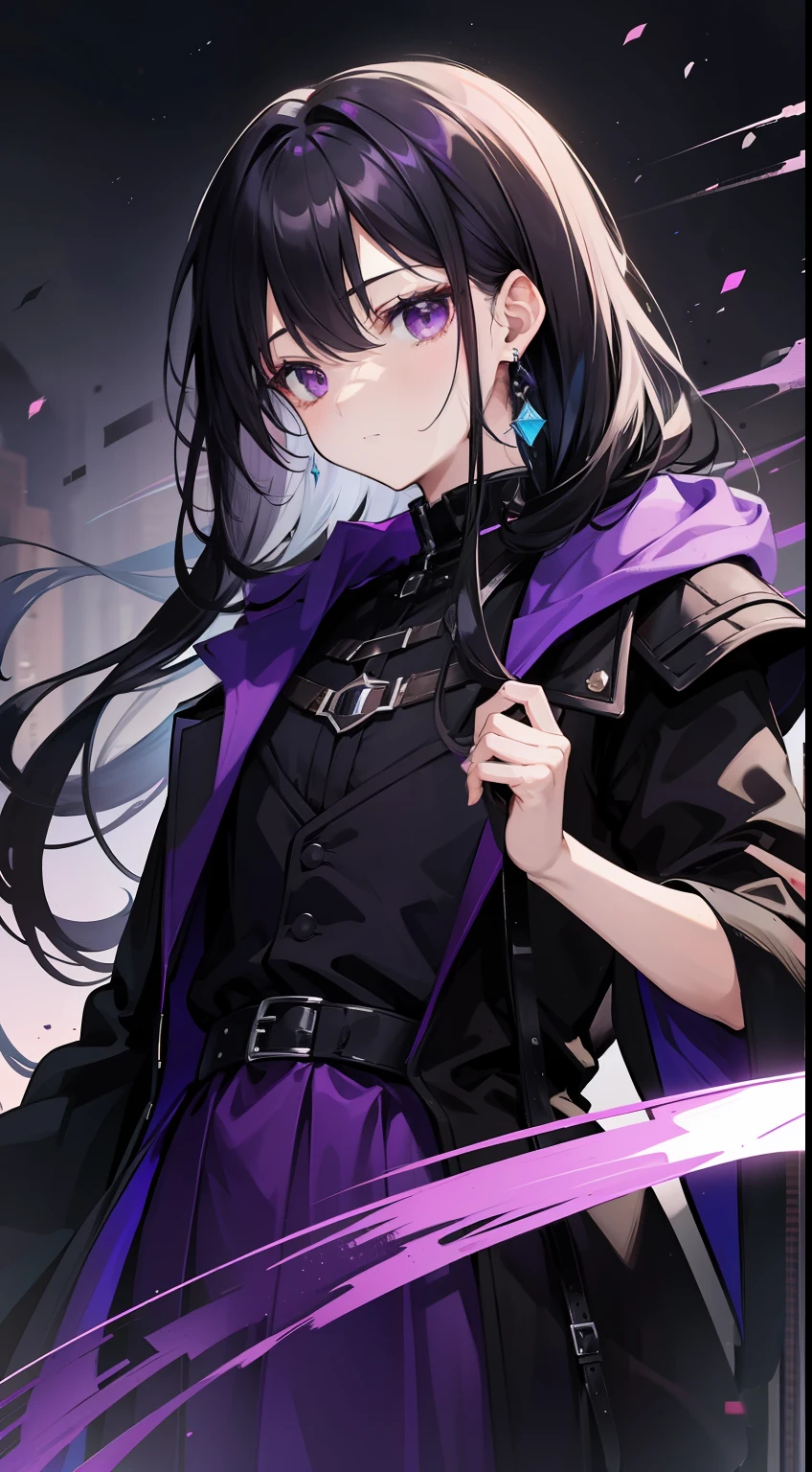 young boy, long dark purple or black hair, violet eyes, Black rich clothes, Masterpiece, hiquality