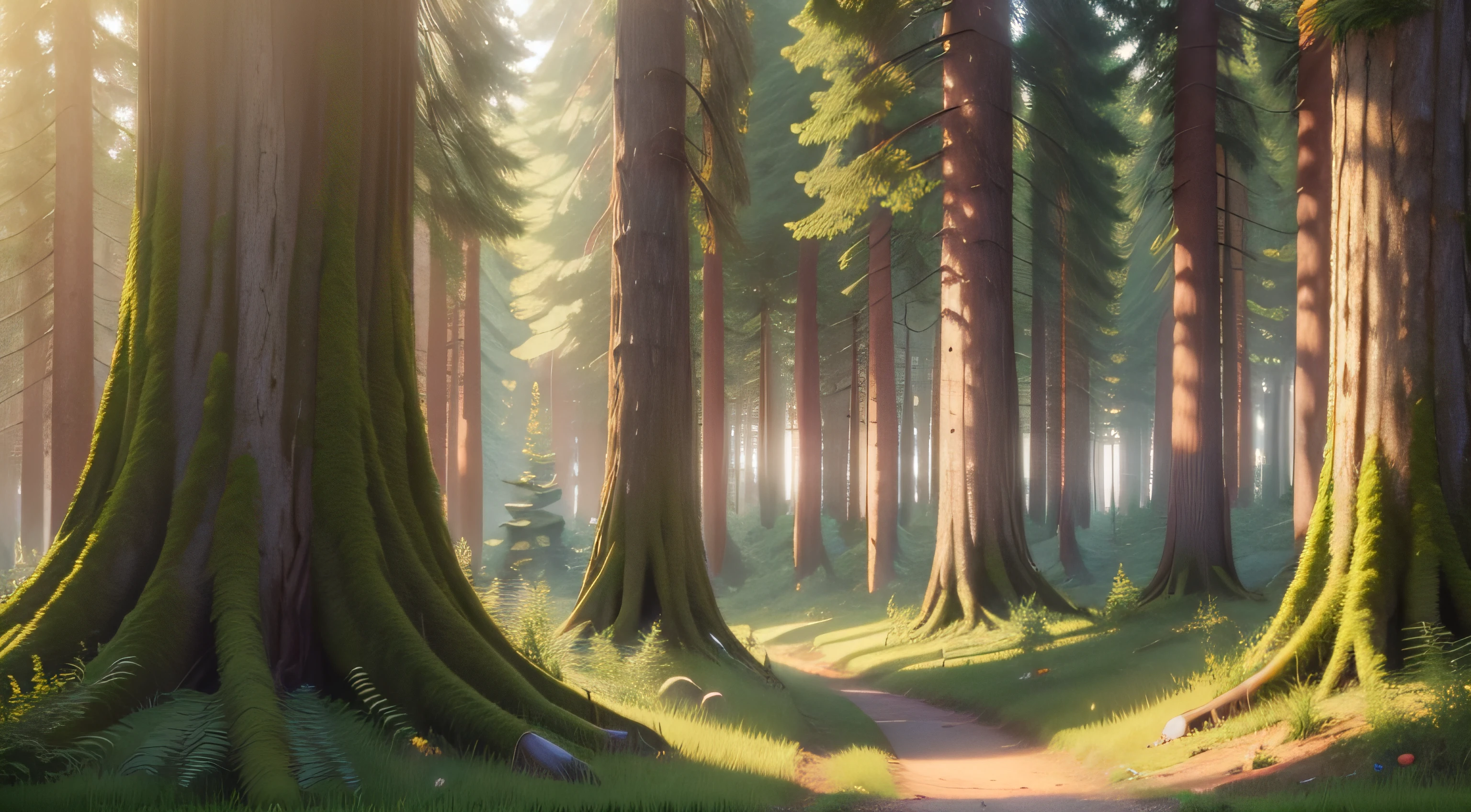 (extremely detailed CG unity 8k wallpaper, best quality),(lush forest, healthy green trees:1.2, ancient spruce, fir, pine), vibrant colors, sunlight filtering through leaves, serene ambiance.