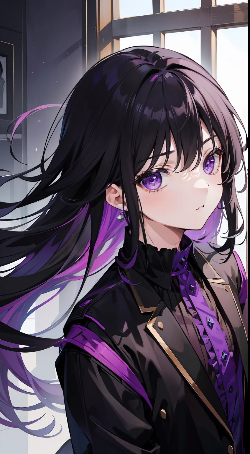 young boy, long dark purple or black hair, violet eyes, Black rich clothes, Masterpiece, hiquality