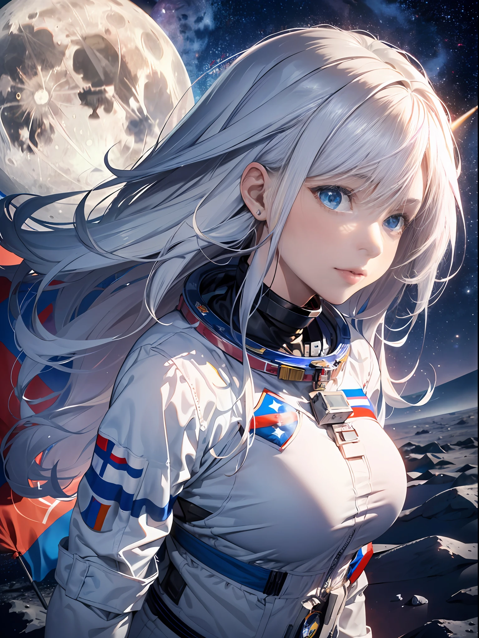 topquality, (tmasterpiece), Perfect skin, realisic skin, Highest resolution enclosure, Full HD, Detail Skin, 8K, (A girl stands on the surface of the moon), The Land in the Distance,(White long hair) blue eyes, Slovenian appearance, (astronaut suit), (The breasts are large) holds in his hands, (((flag of Russia)))