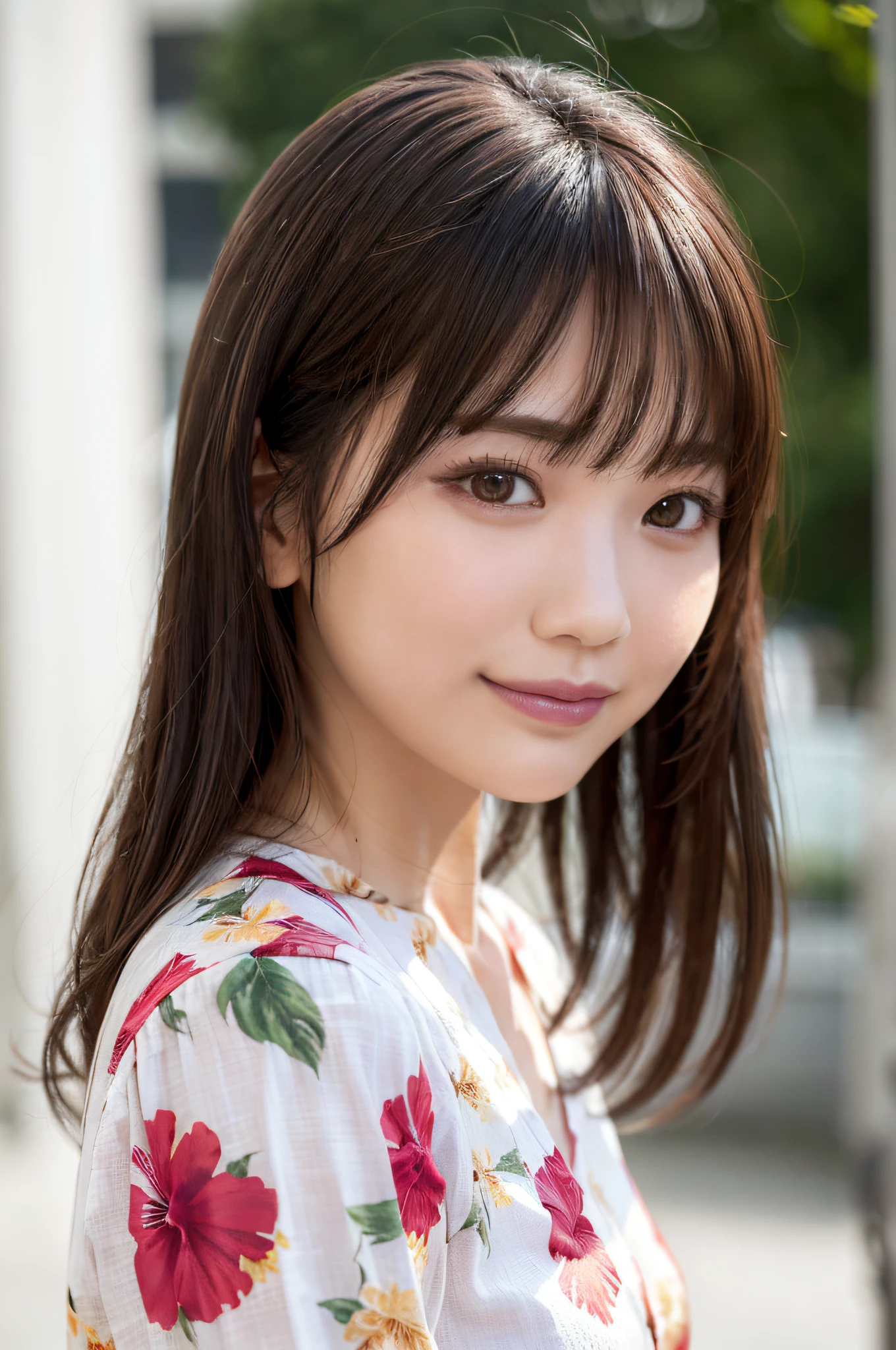 (Best Quality:1.2, 8K, Sharp Focus, master piece: 1.2, natural Light, extremely details CG, beautiful Girl:1.2, reality, Detailed face textures, Realistic skin, beautiful makeup, octane render, magnificent, Detailed bangs)), (depth of fields), Bokeh background, Smile, detailed brilliant brown and silver two-tone long hair, Cowboy Shot, (hibiscus print aloha shirt), wind, from side