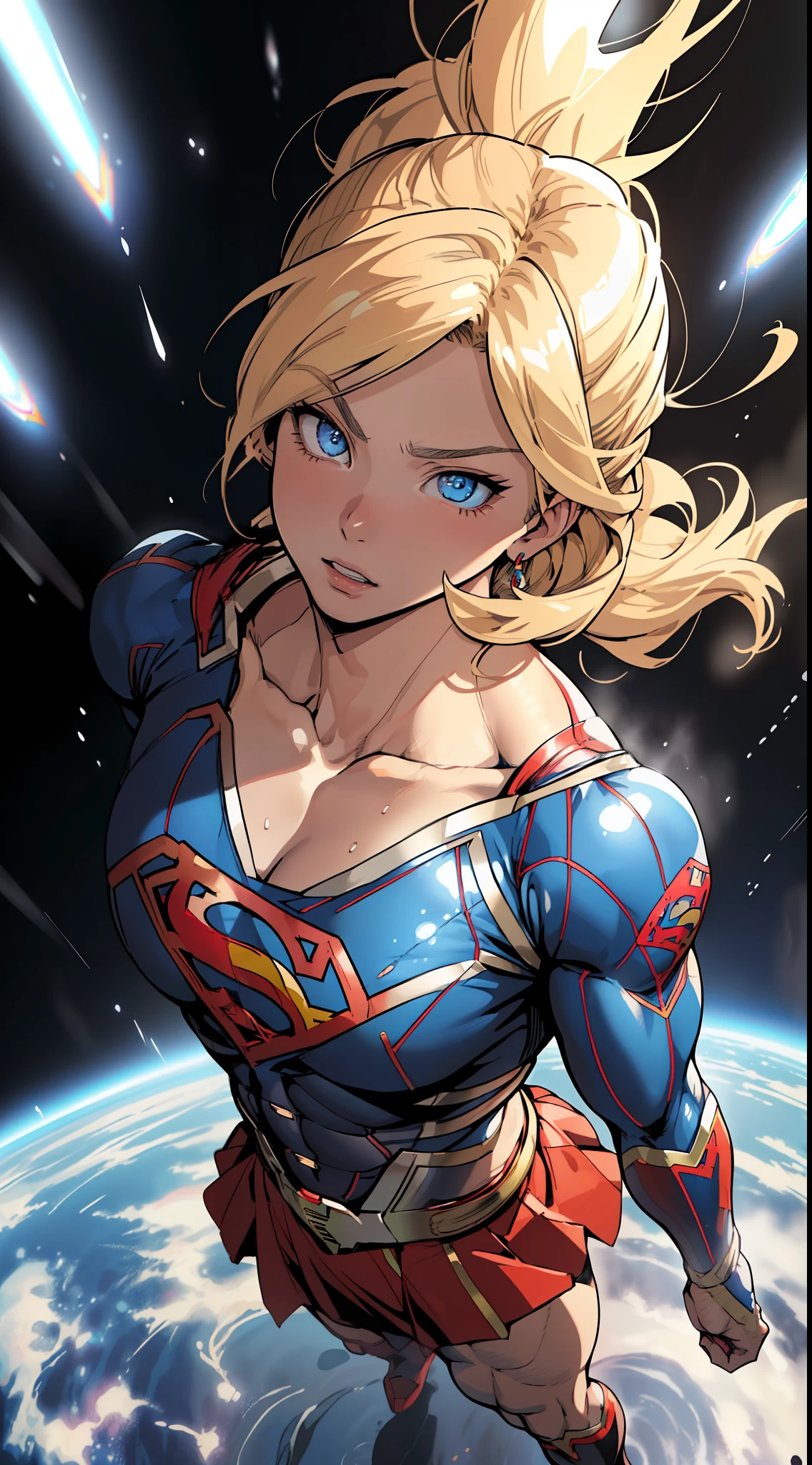 (anime) . (((Female))) ((woman (Supergirl))), (((blue eyes + blond hair))), in the space,  portrait, full body . (Masterpiece: 1.8), (64k quality), (final fantasy artwork concept), detailed (manga eyes + hair + clothes + body + face + colors + shoulders + eyes (globular + transparent + liquid) + (sharper drawings) + (shiny jewelry) + (clothes folds) + (rounded eyes) + (consistent clothes) + (clothing features) + (eyes line), better (colorful + (coarser line) + (black line) + finishing . [Drawing] (Anime (Manga (Comics))) + (Coarse Line: 1.8) + (Black Line: 1.8) + (Color: 1.8) + (Clean: 1.8) + (Contrast: 1.8) + (Black Outline: 1.8) + (adjusted colors: 1.8) + (shadow set: 1.8) + (manga eyes: 1.8) + ((muscle: 1.8)) + ((bodybuilder: 1.8)), ((made homogeneous: 1.3))
