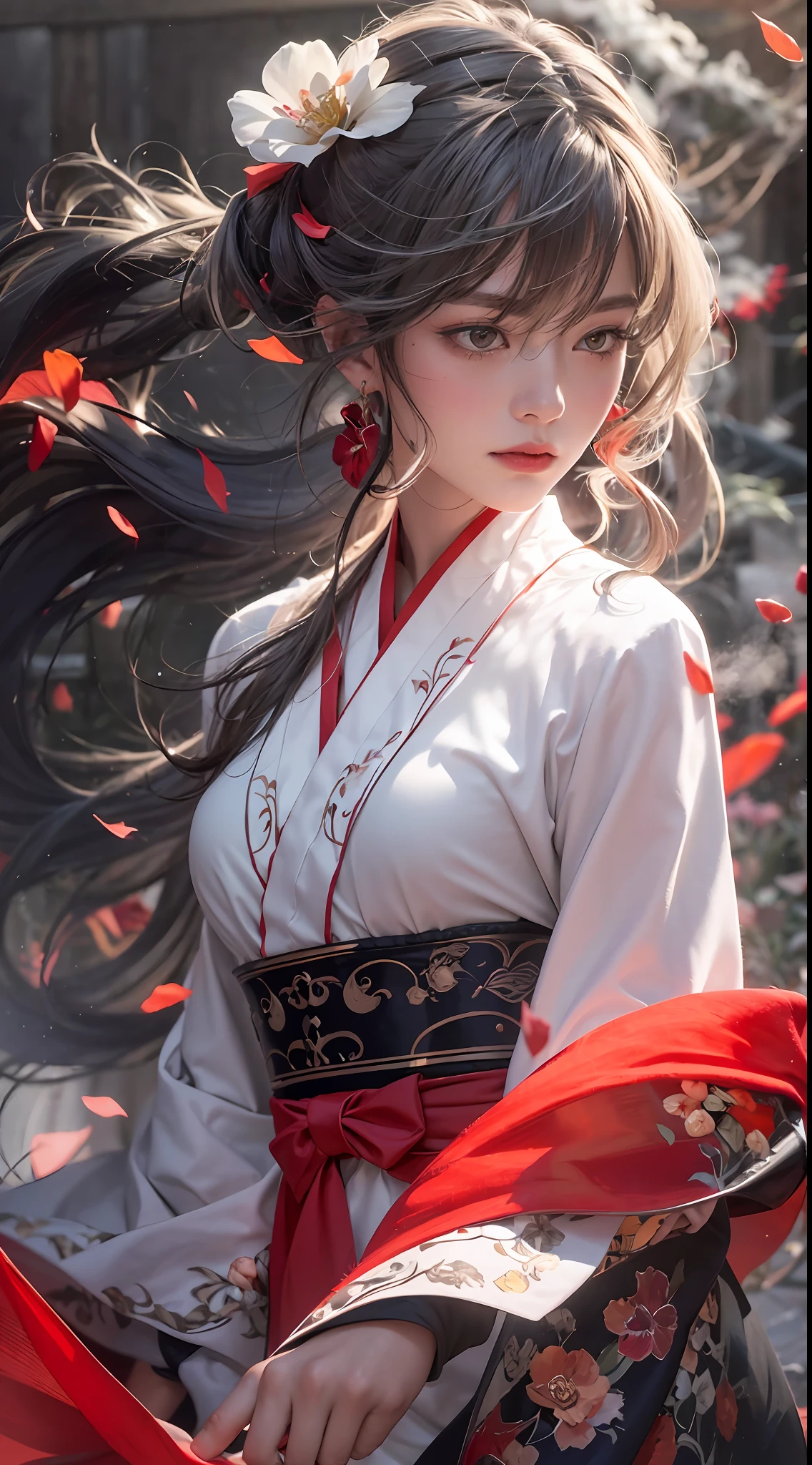 Super high quality, masterpiece, perfect illustration, extreme detail (exquisite light and shadow, highly dramatic picture,) Stroke, 1 girl, solo, (wearing red, black and white Hanfu,) flower field, flowers, (white smoke:1.3) (Realistic:1.4), Zen entanglement, tangled, official art, Unity 8k wallpaper, super detailed, beautiful and beautiful, masterpiece, best quality, (dynamic angle: 1.4), glowing skin, (floating colorful flashes: 1) the most beautiful chaotic forms, elegant, brutalist design, Bright colors, romantic depth of field exotic_dance, half_naked