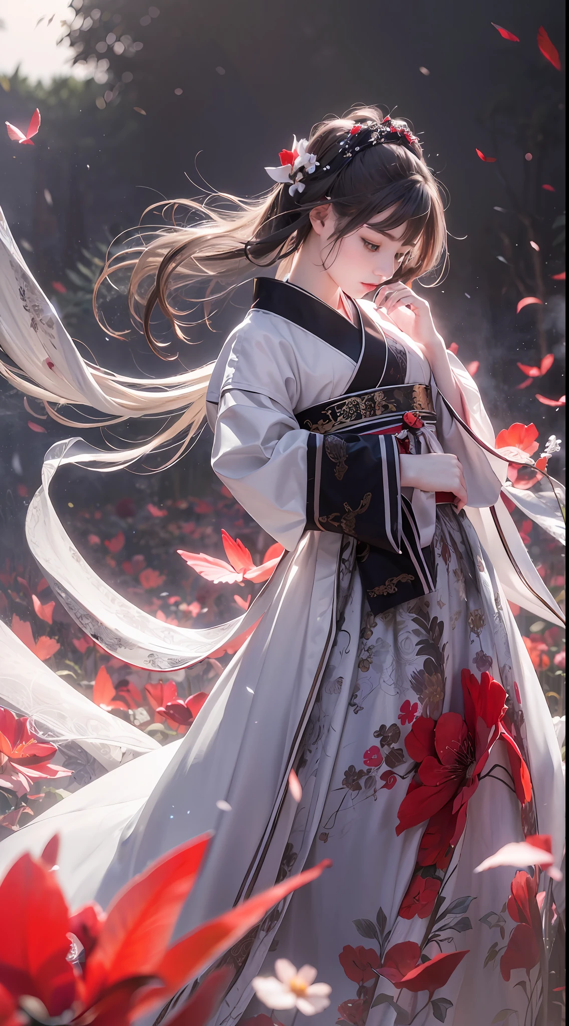 Super high quality, masterpiece, perfect illustration, extreme detail (exquisite light and shadow, highly dramatic picture,) Stroke, 1 girl, solo, (wearing red, black and white Hanfu,) flower field, flowers, (white smoke:1.3) (Realistic:1.4), Zen entanglement, tangled, official art, Unity 8k wallpaper, super detailed, beautiful and beautiful, masterpiece, best quality, (dynamic angle: 1.4), glowing skin, (floating colorful flashes: 1) the most beautiful chaotic forms, elegant, brutalist design, Bright colors, romantic depth of field exotic_dance, half_naked