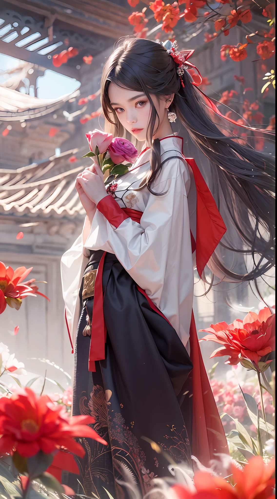 Super high quality, masterpiece, perfect illustration, extreme detail (exquisite light and shadow, highly dramatic picture,) Stroke, 1 girl, solo, (wearing red, black and white Hanfu,) flower field, flowers, (white smoke:1.3) (Realistic:1.4), Zen entanglement, tangled, official art, Unity 8k wallpaper, super detailed, beautiful and beautiful, masterpiece, best quality, (dynamic angle: 1.4), glowing skin, (floating colorful flashes: 1) the most beautiful chaotic forms, elegant, brutalist design, Bright colors, romantic depth of field exotic_dance, half_naked