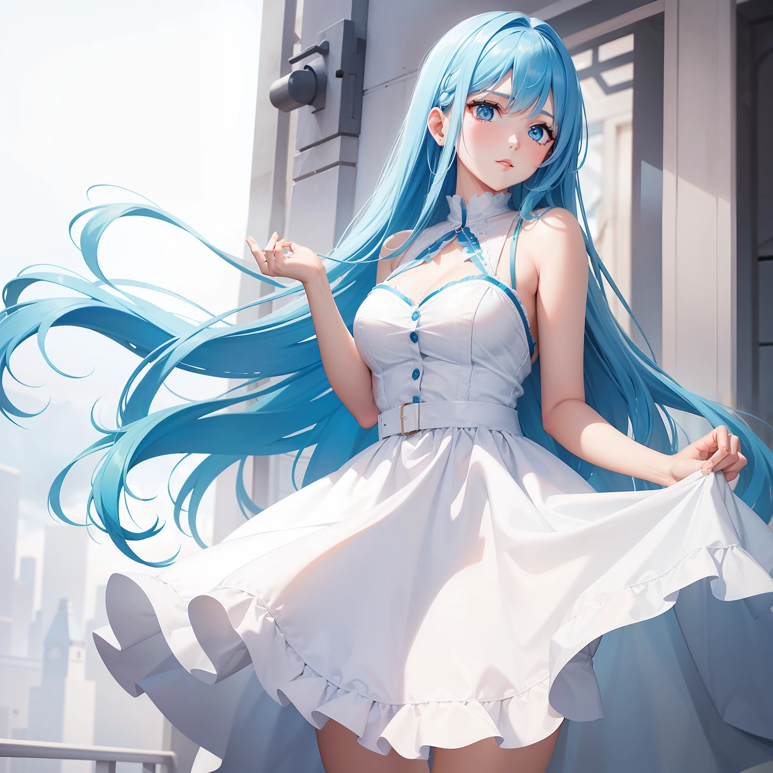 a women, blue hair, blue eyes, white dress