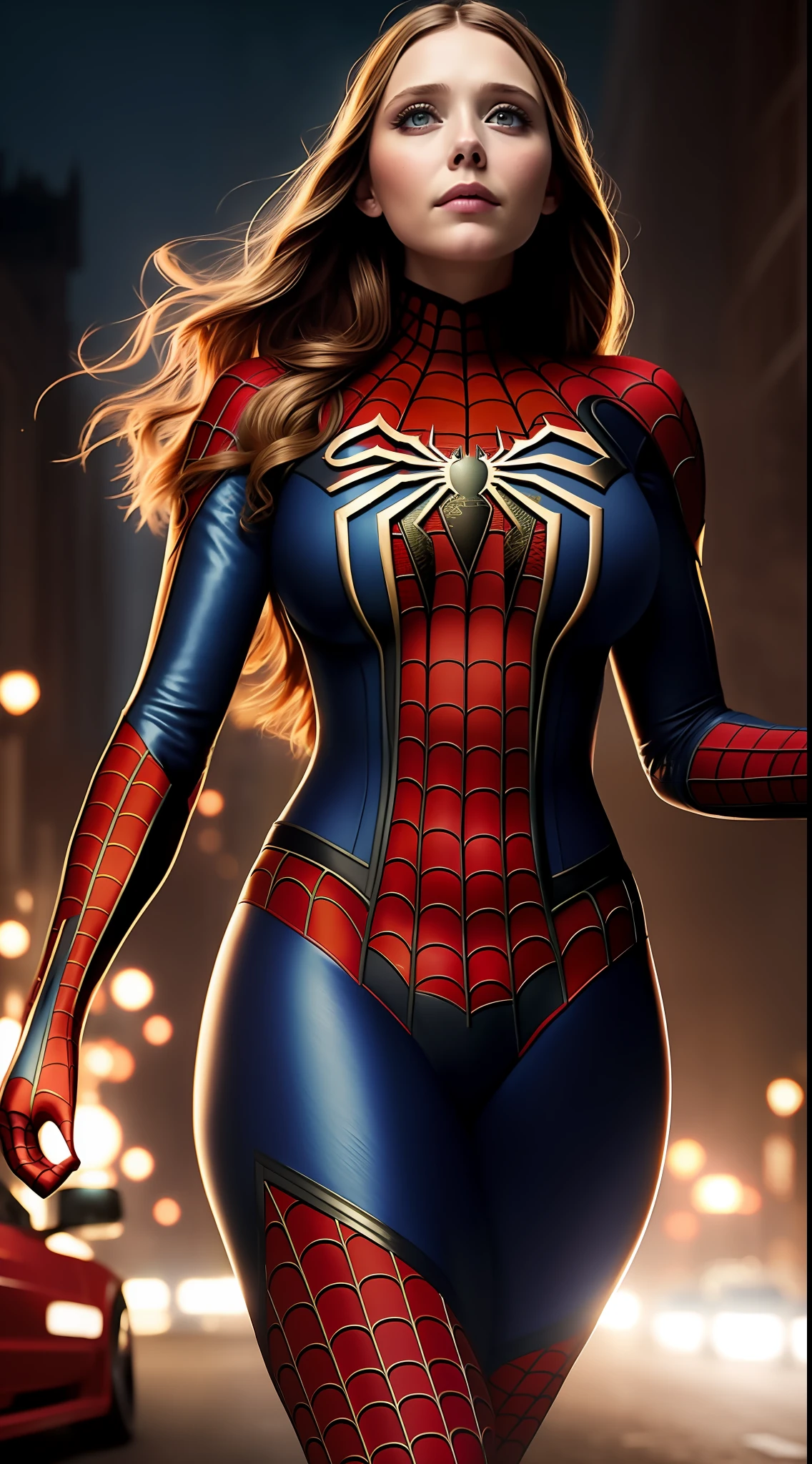 Photo of Elizabeth Olsen, high resolution, masterpiece, 1girl, solo, best quality, reality, In the middle of the road, lying in road, ((Spiderman uniform )), (big body), ((big breasts)) , Sexy Abs, Belly Button, Spread Legs, Big Ass, (Sexy Woman), (Red Hair), (30 Years Old), Smirking, Excitement, 4K, HDR. Author (James C. Christensen: 1.2 | Jeremy Lipkin: 1.1).