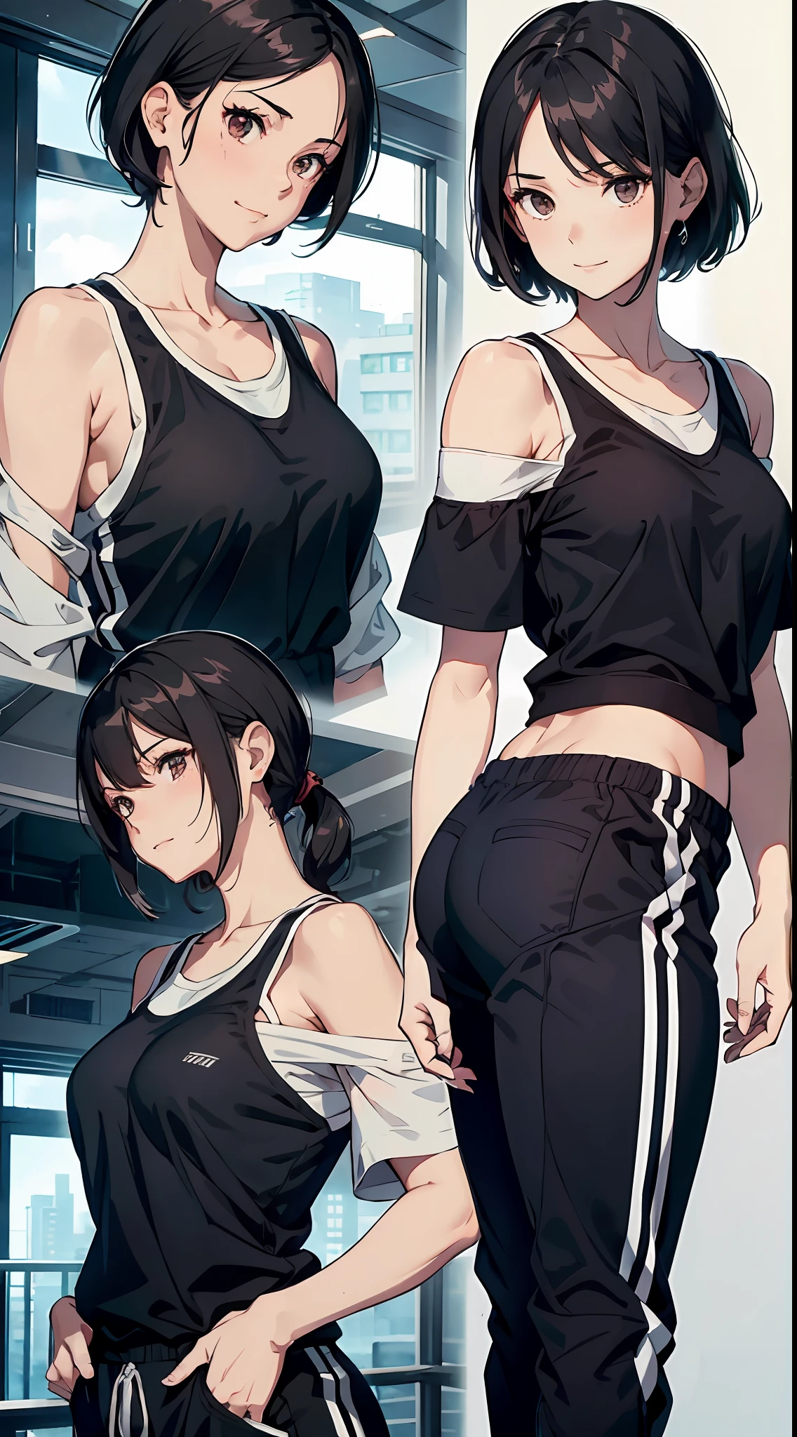 （tmasterpiece），（best qualtiy），（highly  detailed），（illustratio），（超高分辨率）one-girl，Off-the-shoulder attire，musculature，perspire，Bad girl，grinning smile，(Off-the-shoulder attire)，Short black hair，Brush cut sportswear，Athletic trousers，Mature woman，scowling，Top-down view，Close-up shot，Fighting posture