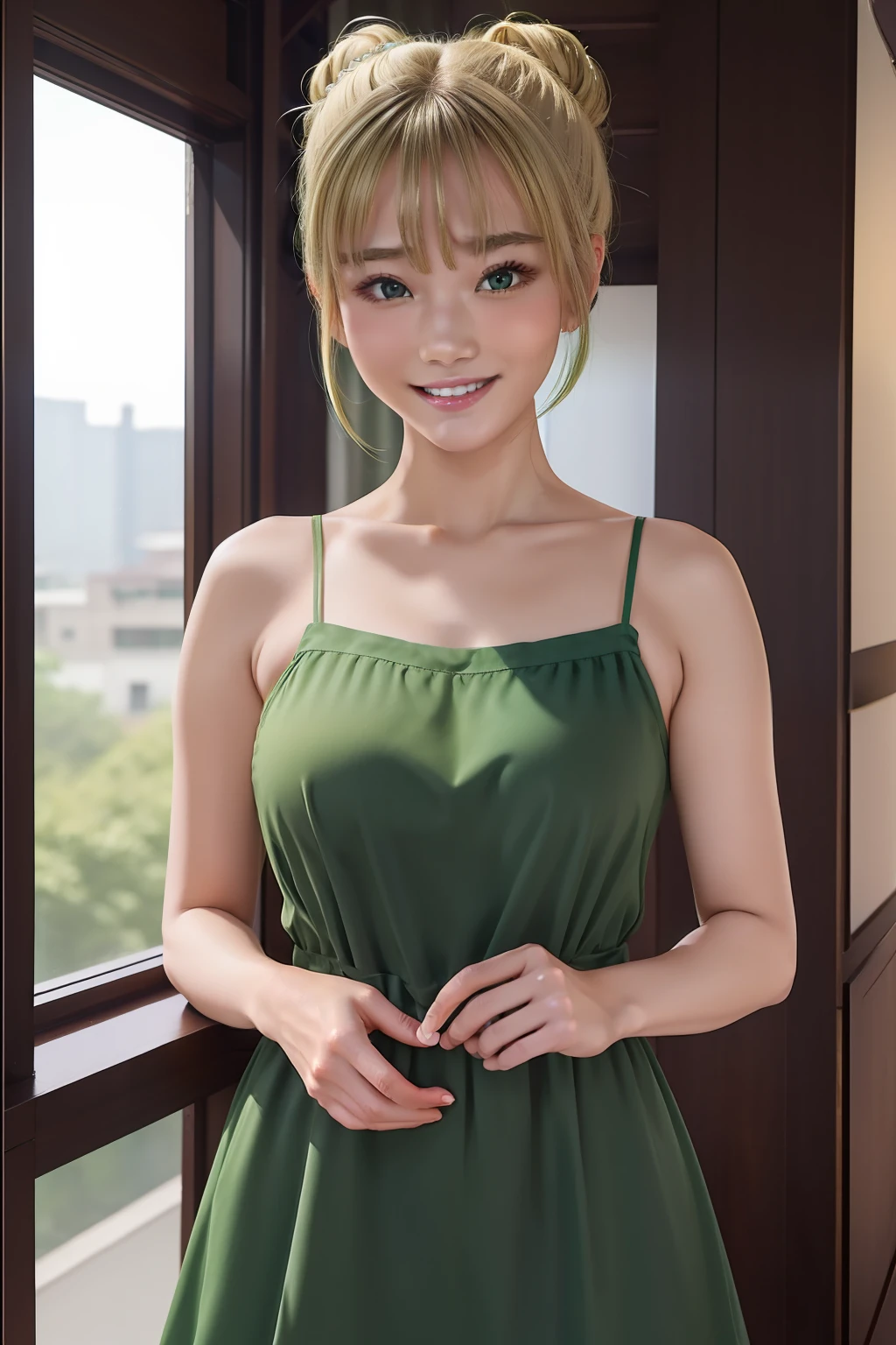 （​masterpiece）8K分辨率、top-quality、Woman in a camisole dress、Blonde bun hair、green colored eyes、Very cute、Nice Buddy、kindly smile、