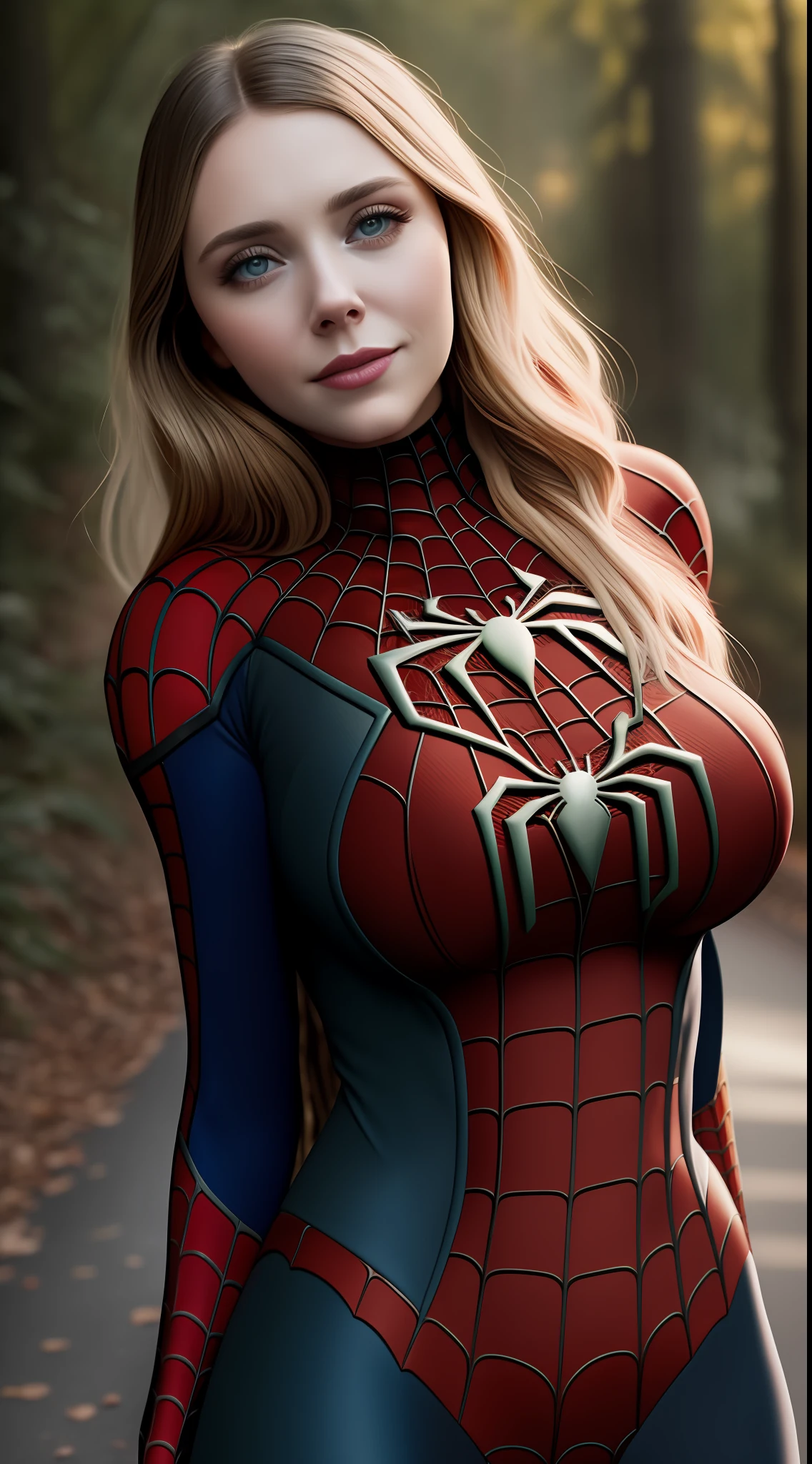 Photo of Elizabeth Olsen, high resolution, masterpiece, 1girl, solo, best quality, reality, In the middle of the road, lying in road, ((Spiderman uniform )), (big body), ((big breasts)) , Sexy Abs, Belly Button, Spread Legs, Big Ass, (Sexy Woman), (Red Hair), (30 Years Old), Smirking, Excitement, 4K, HDR. Author (James C. Christensen: 1.2 | Jeremy Lipkin: 1.1).