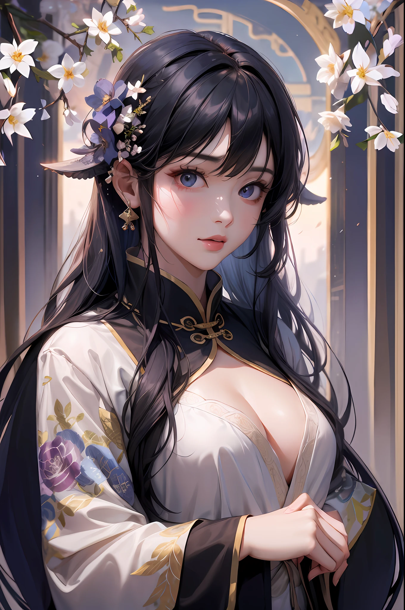 Anime girl with long black hair and a white dress with flowers in her hair, artwork in the style of guweiz, guweiz on pixiv artstation, Artstation Pixiv(Artstation Pixiv)of Goo Ways, guweiz, very detailed artgerm, beautiful anime portrait, seductive anime girls, Artgerm by ArtStation Pixiv