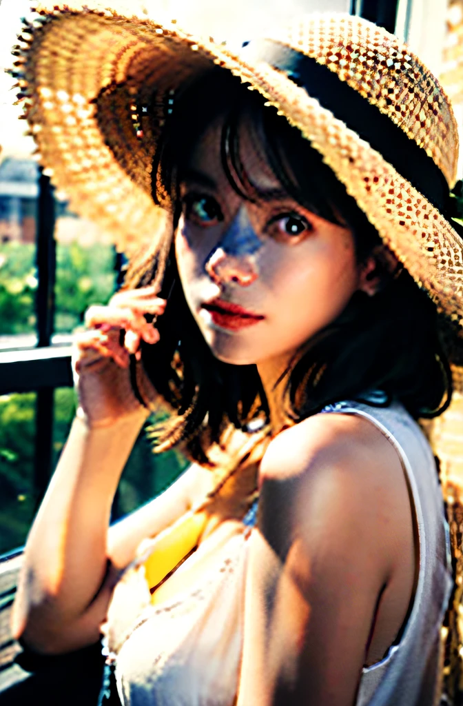 (closeup cleavage:1.5),(sface focus:2),(???? ???styled:1.5),
((Lateral face:2)),(1 vest girl was soft_light:1.5包围),(The light from the back window is backlighted:1.8),(illuminating),(Flowing fabric:1.3),((Floral_summer_dress:1.5),(Straw_hat:1.3)),
(tmasterpiece), realisticlying, HDR, highly detailed, 2k, RAW photogr,
Environmental occlusion,naturey,Harmonious composition,a warm color palette,fine art photography,