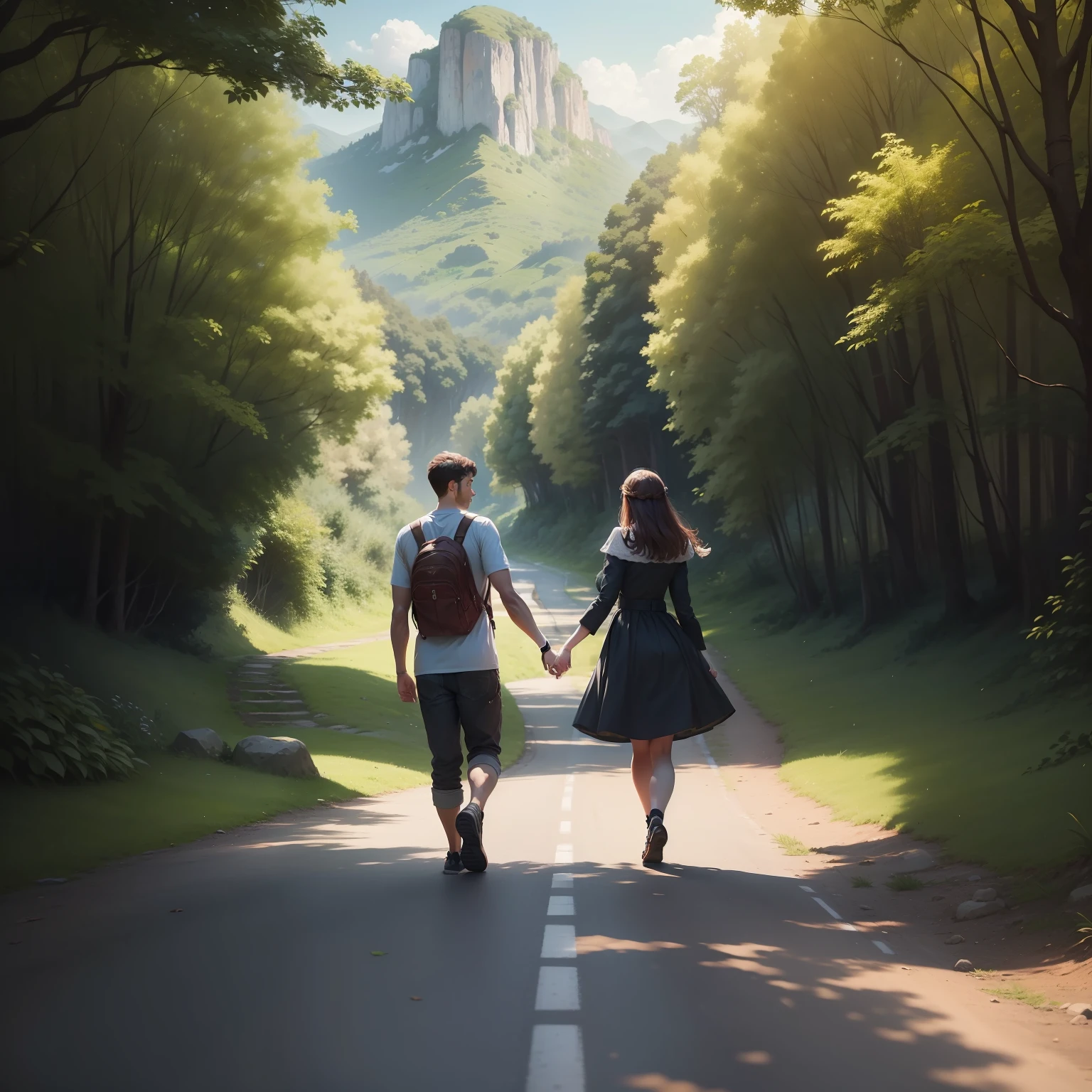 An image depicting a couple walking hand in hand on a winding road or treading a path surrounded by lush nature can perfectly match the realistic phrase about love. This visual representation can symbolize the journey of the relationship, os altos e baixos, the overcoming of obstacles and the beauty of shared imperfections along the course of life together.