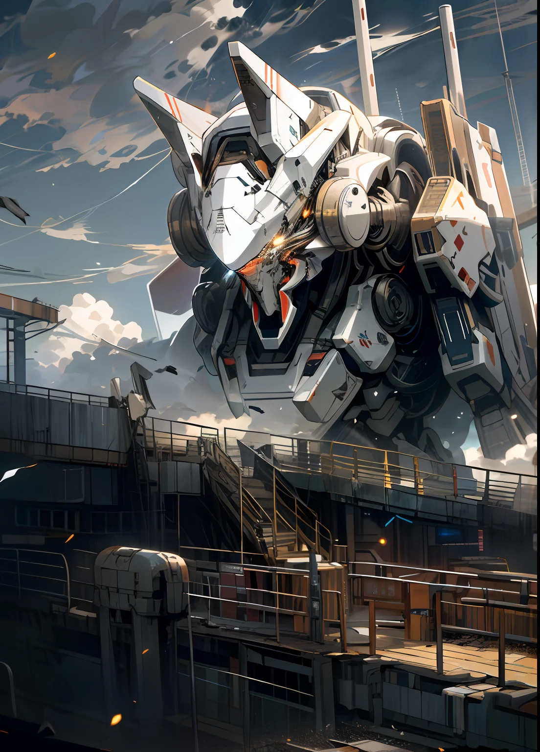 Skysky,clouds,holding_weapon,no_humans,with light glowing,,droid,buliding,glowing_eyes,mecha,scientific fiction,城市,Realistis,mecha,The deck of a broken ship stood on it,There is a person on the road below