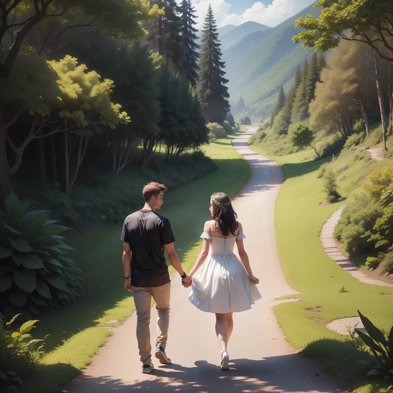 An image depicting a couple walking hand in hand on a winding road or treading a path surrounded by lush nature can perfectly match the realistic phrase about love. This visual representation can symbolize the journey of the relationship, os altos e baixos, the overcoming of obstacles and the beauty of shared imperfections along the course of life together.