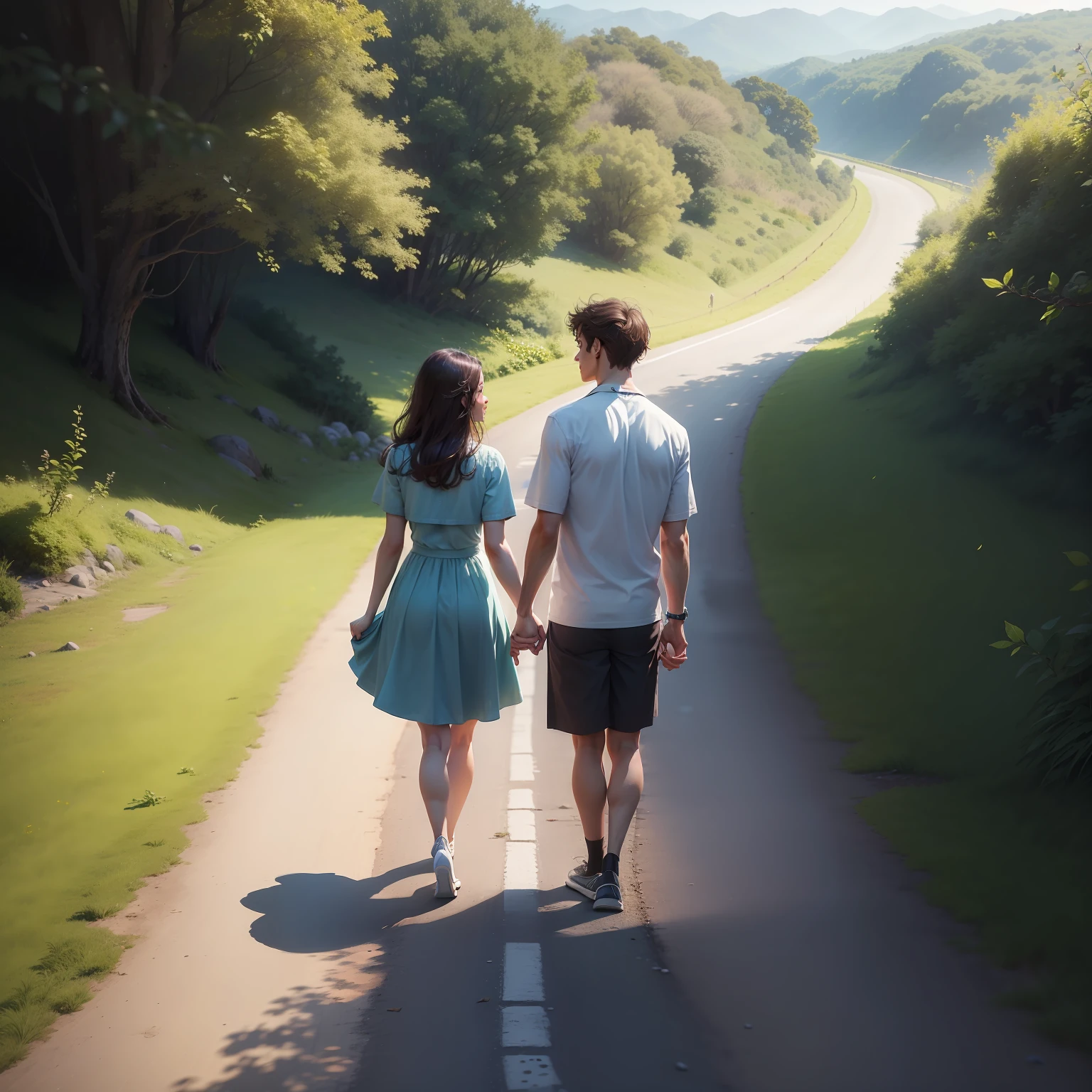 An image depicting a couple walking hand in hand on a winding road or treading a path surrounded by lush nature can perfectly match the realistic phrase about love. This visual representation can symbolize the journey of the relationship, os altos e baixos, the overcoming of obstacles and the beauty of shared imperfections along the course of life together.