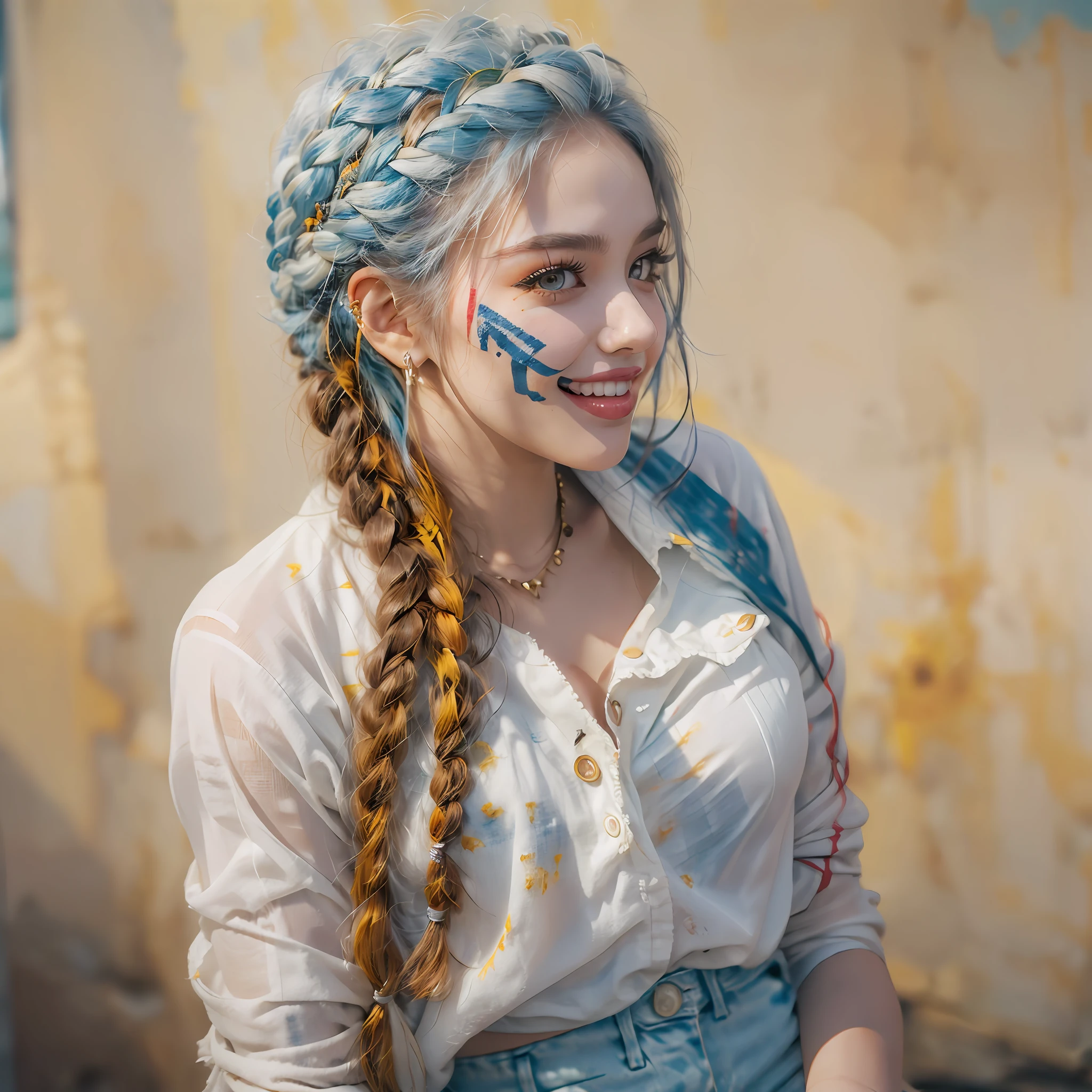 woman with, ( battal braid hair), (Hair dyed white and blue ), (wearing bandages sarashi)(black distressed pants), (red eyeliner), ( red eyeliner), (Her lips are full and often curled into a charming smile), ( yellow eyes), ( medium - big , breast)