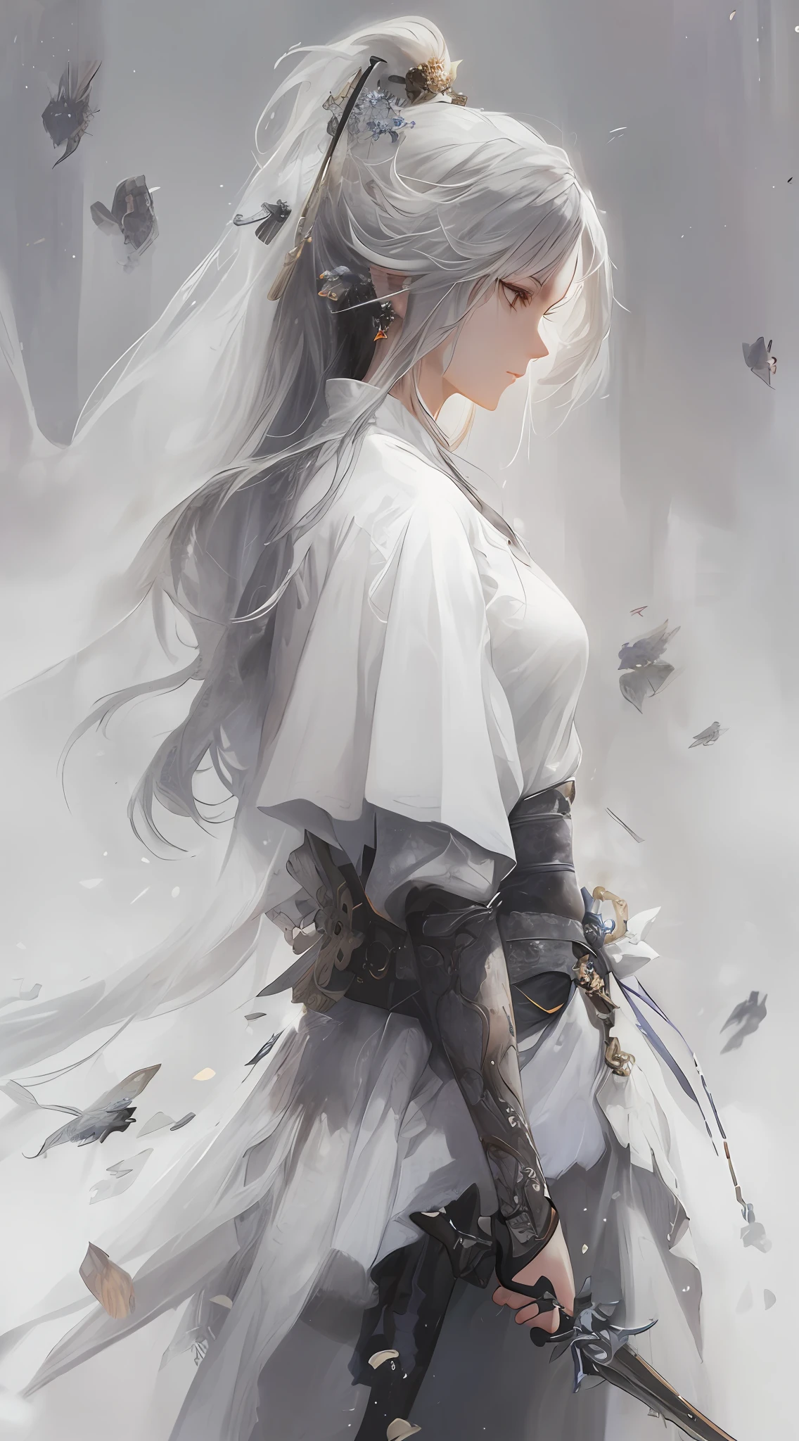 a close up of a woman with a sword in a white dress, a character portrait by Yang J, trending on cgsociety, fantasy art, beautiful character painting, artwork in the style of guweiz, guweiz, white hanfu, flowing white robes, full body wuxia, epic exquisite character art, stunning character art, beautiful female assassin