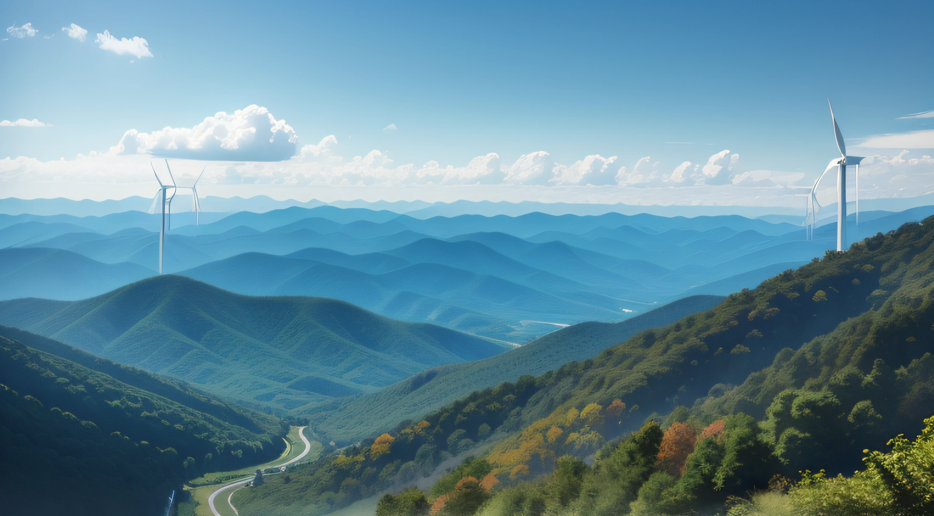 panoramic view of the blue ridge mountains and wind turbines
