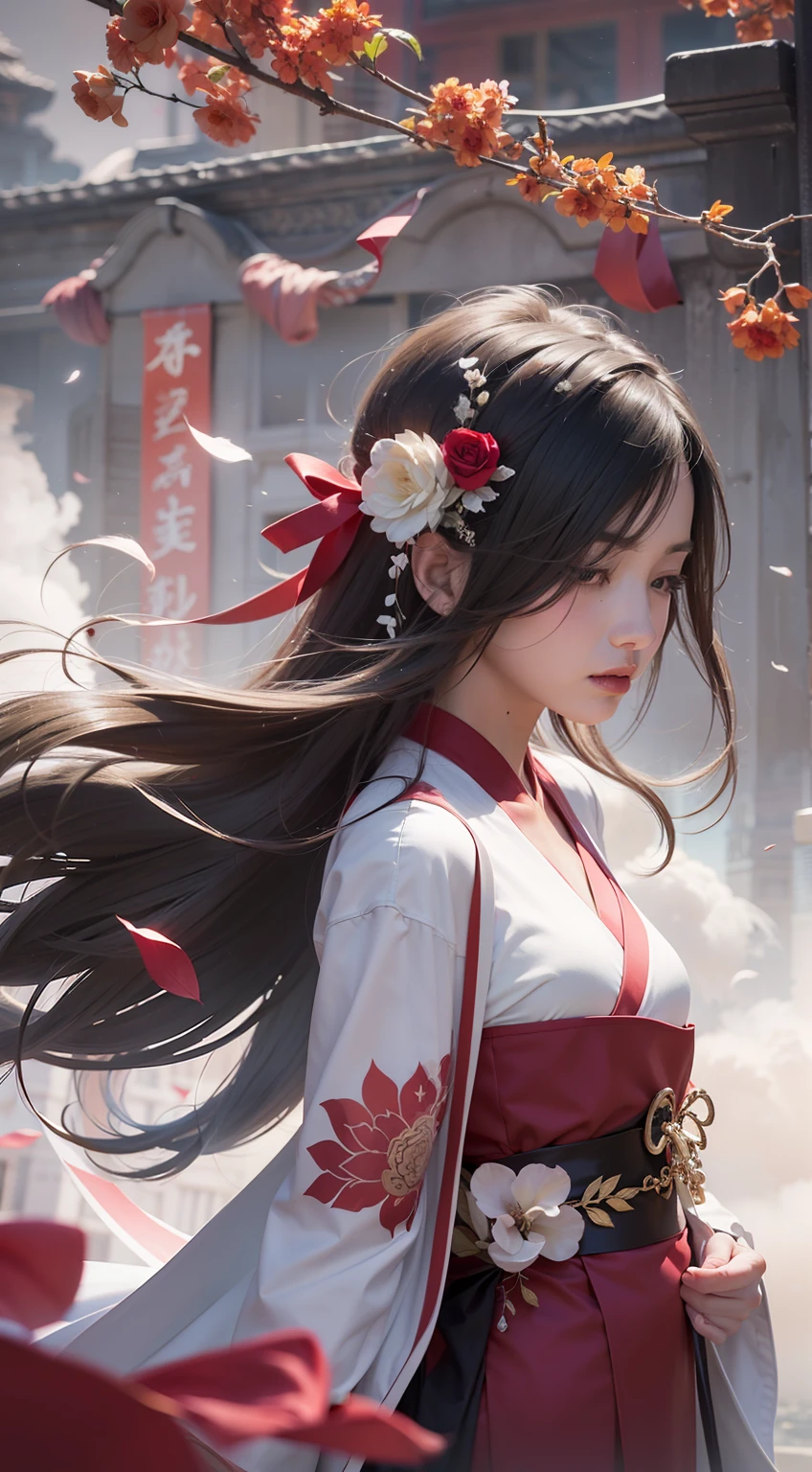 Super high quality, masterpiece, perfect illustration, extreme detail (exquisite light and shadow, highly dramatic picture,) Stroke, 1 girl, solo, (wearing red, black and white Hanfu,) flower field, flowers, (white smoke:1.3) (Realistic:1.4), Zen entanglement, tangled, official art, Unity 8k wallpaper, super detailed, beautiful and beautiful, masterpiece, best quality, (dynamic angle: 1.4), glowing skin, (floating colorful flashes: 1) the most beautiful chaotic forms, elegant, brutalist design, Bright colors, romantic depth of field exotic_dance, half_naked