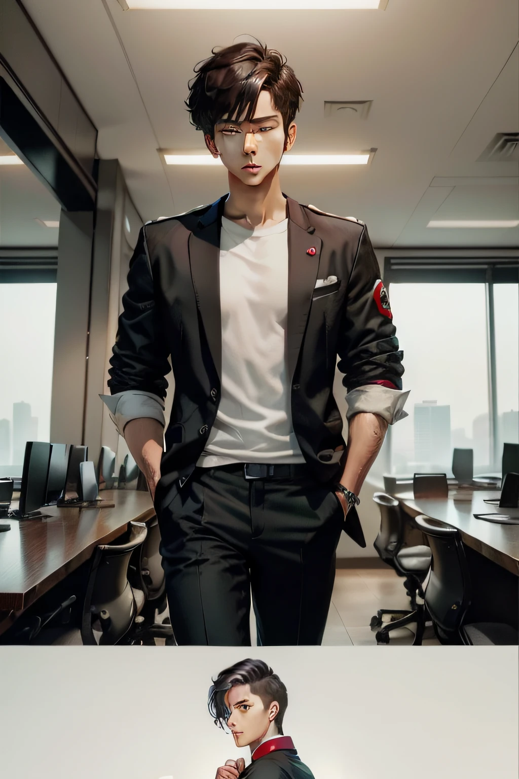 short-haired, Anime man in white shirt holding jacket, uniform background, business clothes, Office Clothes, The protagonist, Highly detailed, jacket over bare torso, shirt art, Wearing a shirt, Red and black, clarify complexion