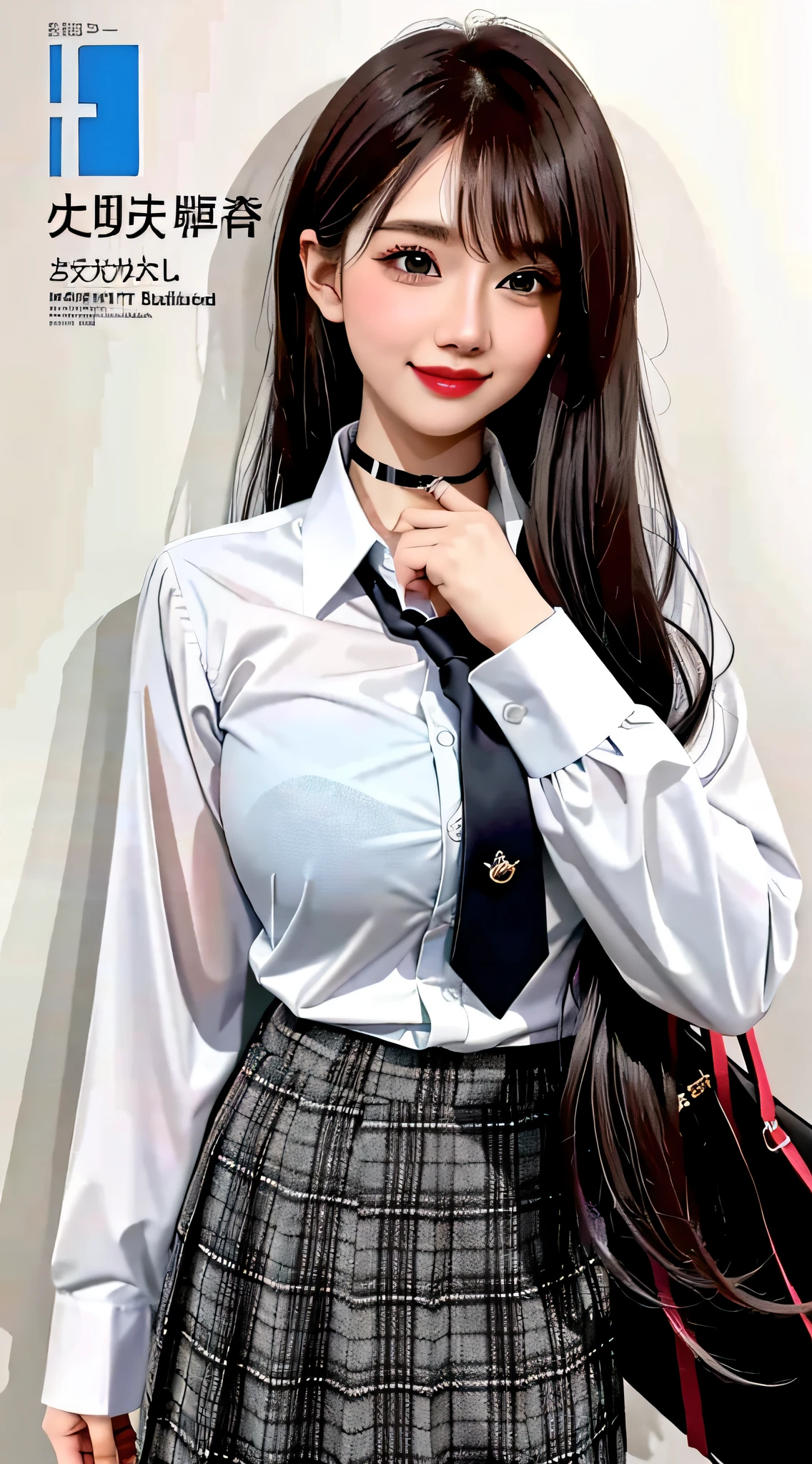 masterpiece, best quality, full body, 1girl, bangs, black choker, black necktie, black hair, blue skirt, blush, bracelet, breasts, choker, clothes around waist, collarbone, collared shirt, cowboy shot, dress shirt, ear piercing, eyebrows visible through hair, gradient hair, grin, gyaru, jewelry, kogal, long hair, looking at viewer, loose necktie, necktie, piercing, plaid, plaid skirt, pleated skirt, red eyes, ring, school uniform, shirt, skirt, smile, solo, white shirt, street, sky, cherry blossoms, petals,illustration, (magazine:1.3), (cover-style:1.3), fashionable, woman, vibrant, outfit, posing, front, colorful, dynamic, background, elements, confident, expression, holding, statement, accessory, majestic, coiled, around, touch, scene, text, cover, bold, attention-grabbing, title, stylish, font, catchy, headline, larger, striking, modern, trendy, focus, fashion,