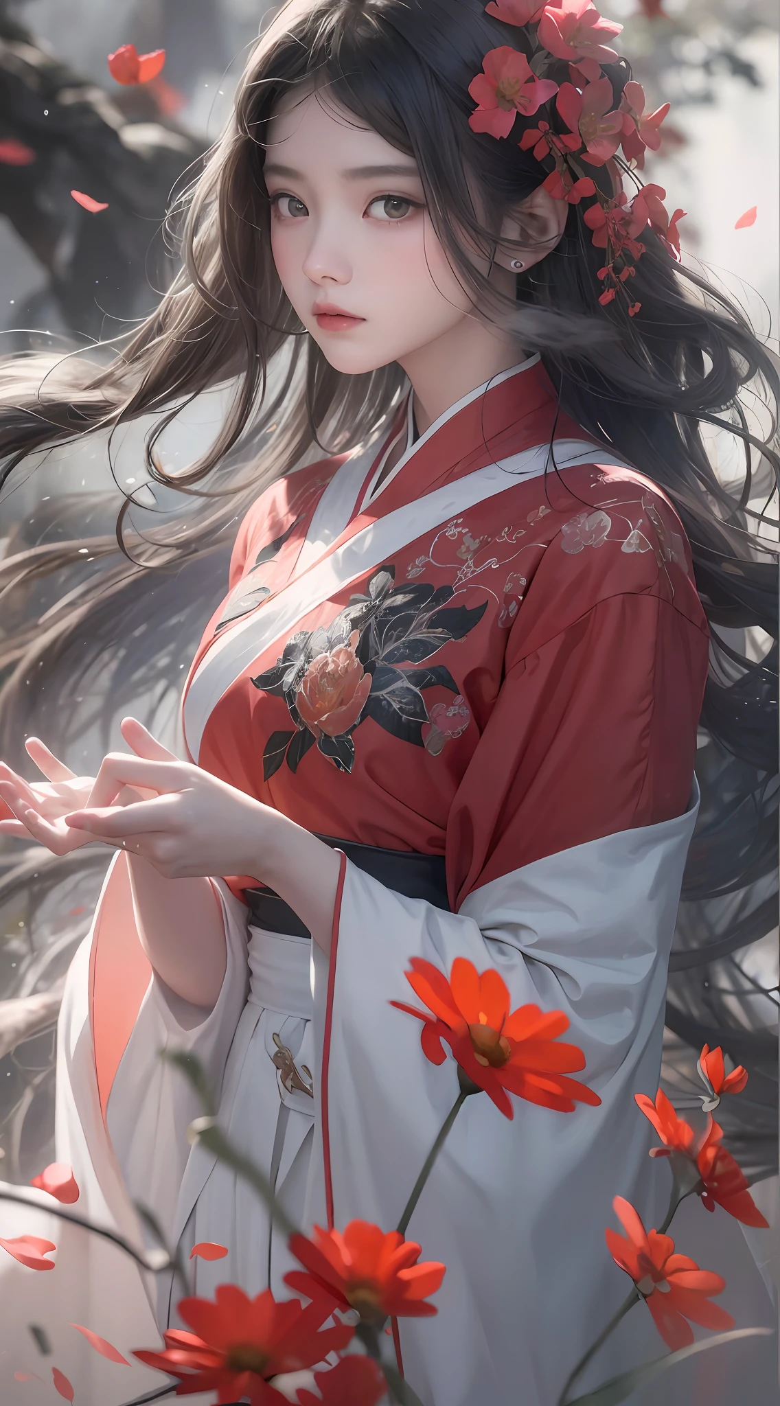 Ultra high quality，tmasterpiece，Perfect illustration，extreme hight detail(Delicate light and shadow，The picture is highly dramatic，)zhongfenghua， 1girll， 独奏， （Wearing red, black and white Hanfu，） flower  field， blossoms， （White smoke：1.3）（mano：1.5） （realisticlying：1.4）， Zen entanglement， tangled， offcial art， Unity 8k壁纸， ultra - detailed， Beautiful and beautiful， tmasterpiece，best qualtiy， （dynamic angle：1.4）， Glowing skin， （Floating colorful flashes：1）The most beautiful forms of chaos，ellegance，Fauvistdesign，vivd colour，Romantic depth of field exotic_dance， half_naked