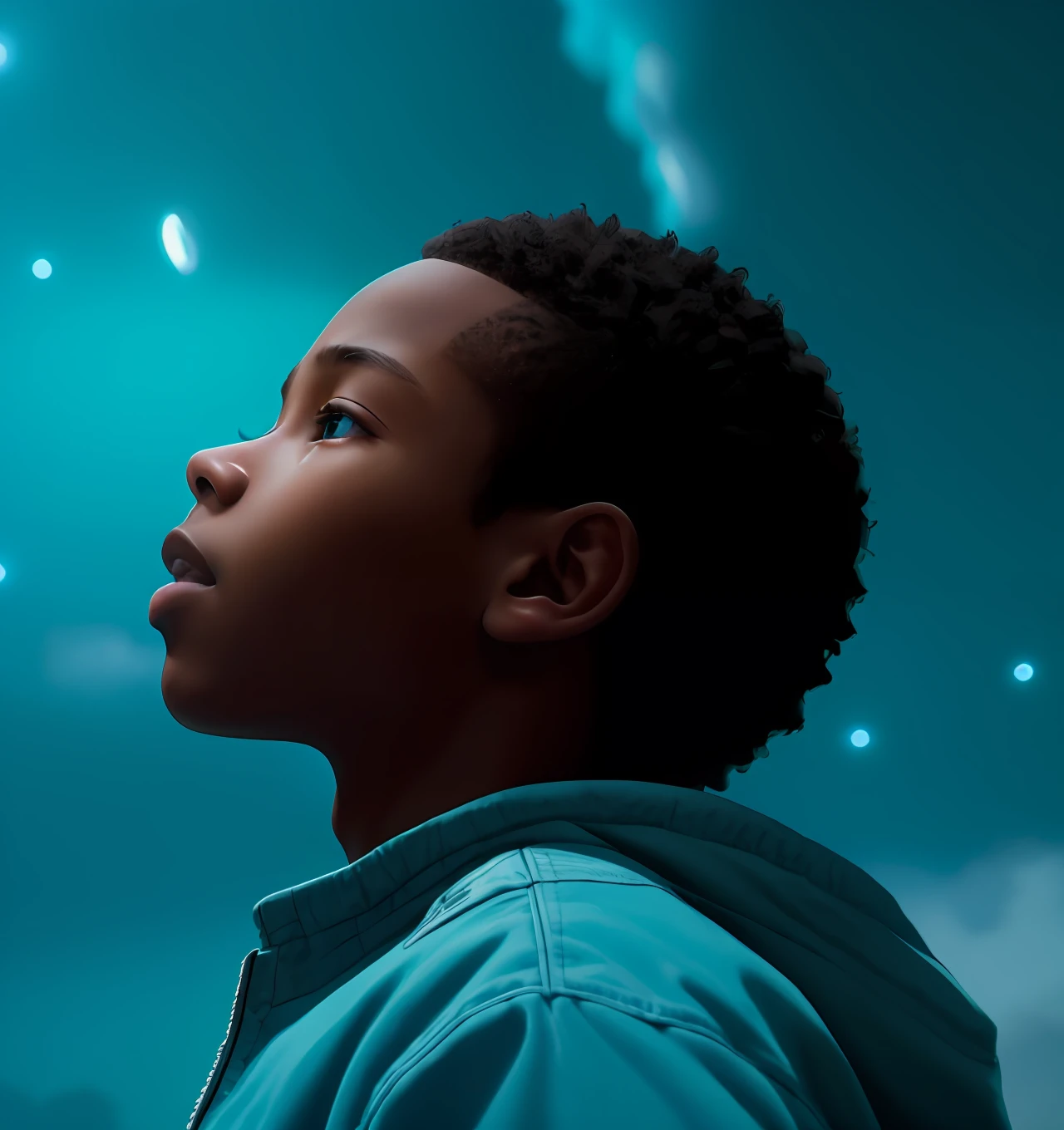 Face of a beautiful , African American, looks at the sky in amazement, his expression is one of happiness for an event that occurs in front of him, white and turquoise blue lights fall from above. he is involved in this mystical event. He is wearing a blue jacket, his face is perfectly handsome. Photorealism, Sharp, Clear, ((Hyperreal)) ( (Very Clear Image)) High Definition, Cinematic, Smooth, Ultra HD, 8k, Unreal Engine 5, Ultra Sharp Focus, Intricate, Mysterious, Epic, Highly Detailed, Stunning Master from photographic art, Vibrant Realism, 3D Rendering, Highly Detailed. Hyper Detailed Painting, Luminism, Bar Lighting, Resort, Concept Art Portrait