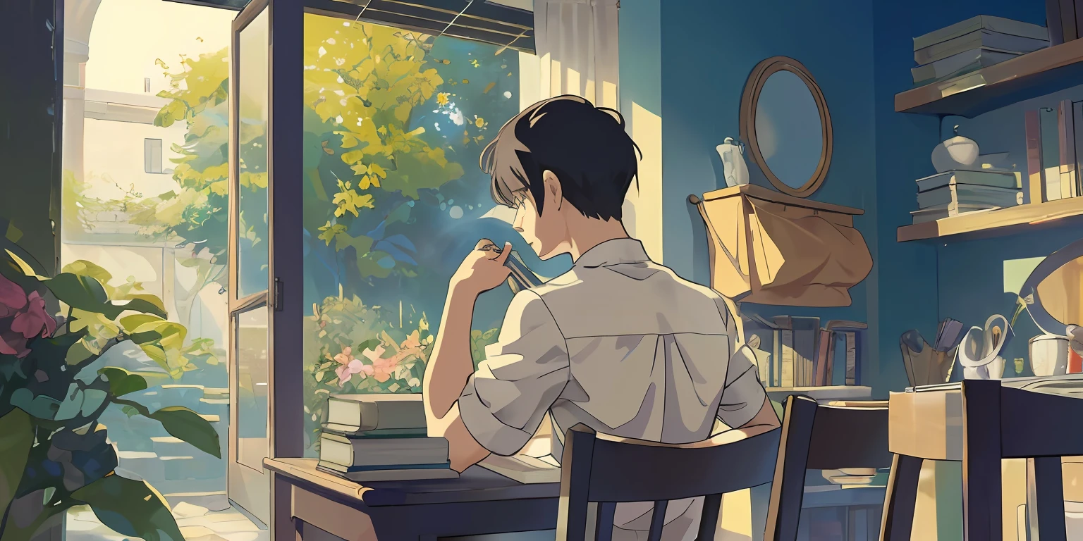 (masterpiece:1.2), best quality,PIXIV, The Garden of Words,
1boy, male focus, sitting, solo, from behind, indoors, shirt, book, black hair, short hair, facing away, book stack, table