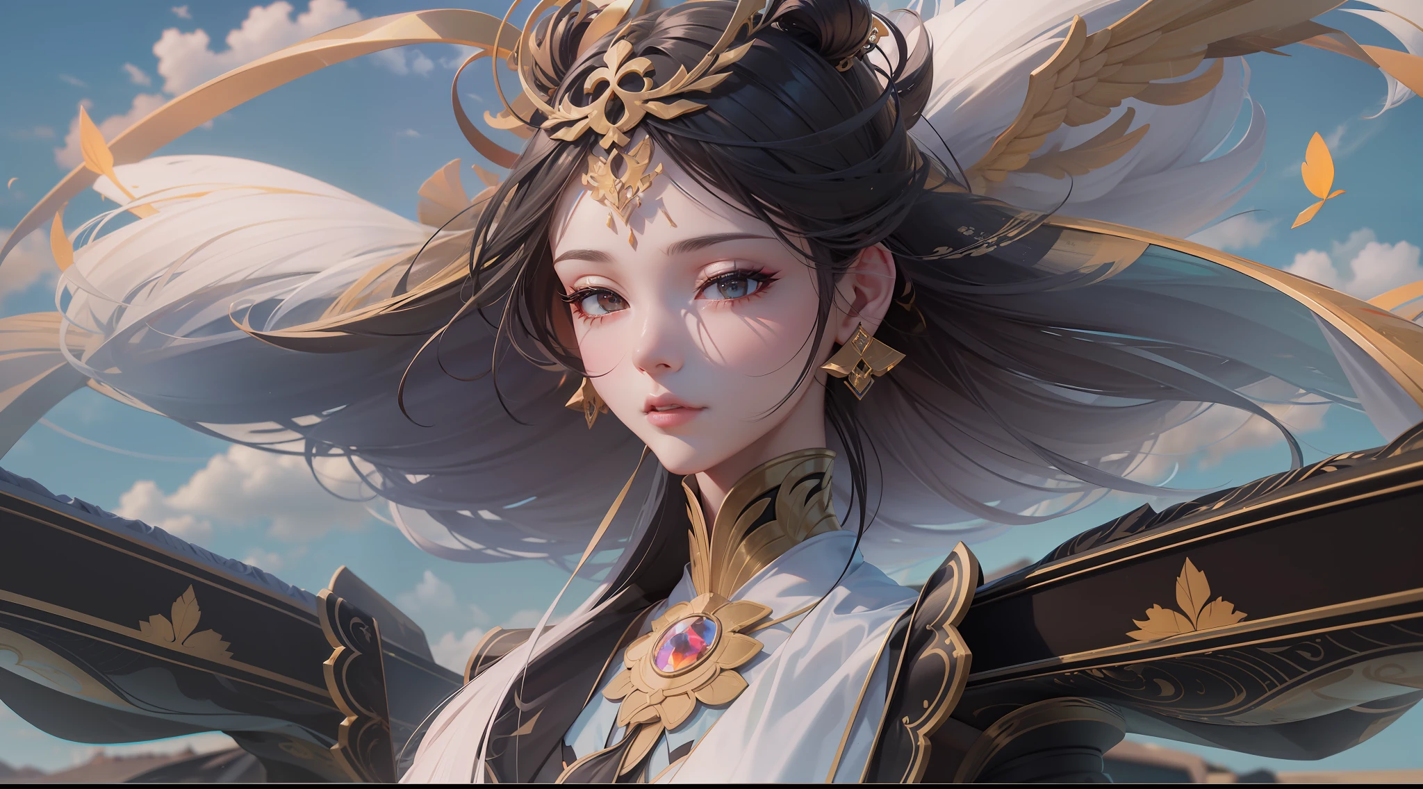 3D series,A beautiful girl in a black tulle Han dress,Stand on the back of a giant golden-winged roc bird,The eyeliner is long,Colorful makeup,The color hair,Mixed hair color,Heterochromic hair color,Jimei Dunhuang face,Sky nebula,Real Sky,depth of fields, Gradient color palette,Pastel tones,Neon color grading,Full body photo,中景 the scene is,Close-up facial makeup,Close-up eye makeup,The ultimate depiction of three-dimensional,Ultra photo realsisim,Canadian Body Art Lines,Vest line,Long legs,Less fabric,In the cloud,8k,ultraclear,High resolution, --niji 5 --q 5 --ar 9:20 --v 5.2