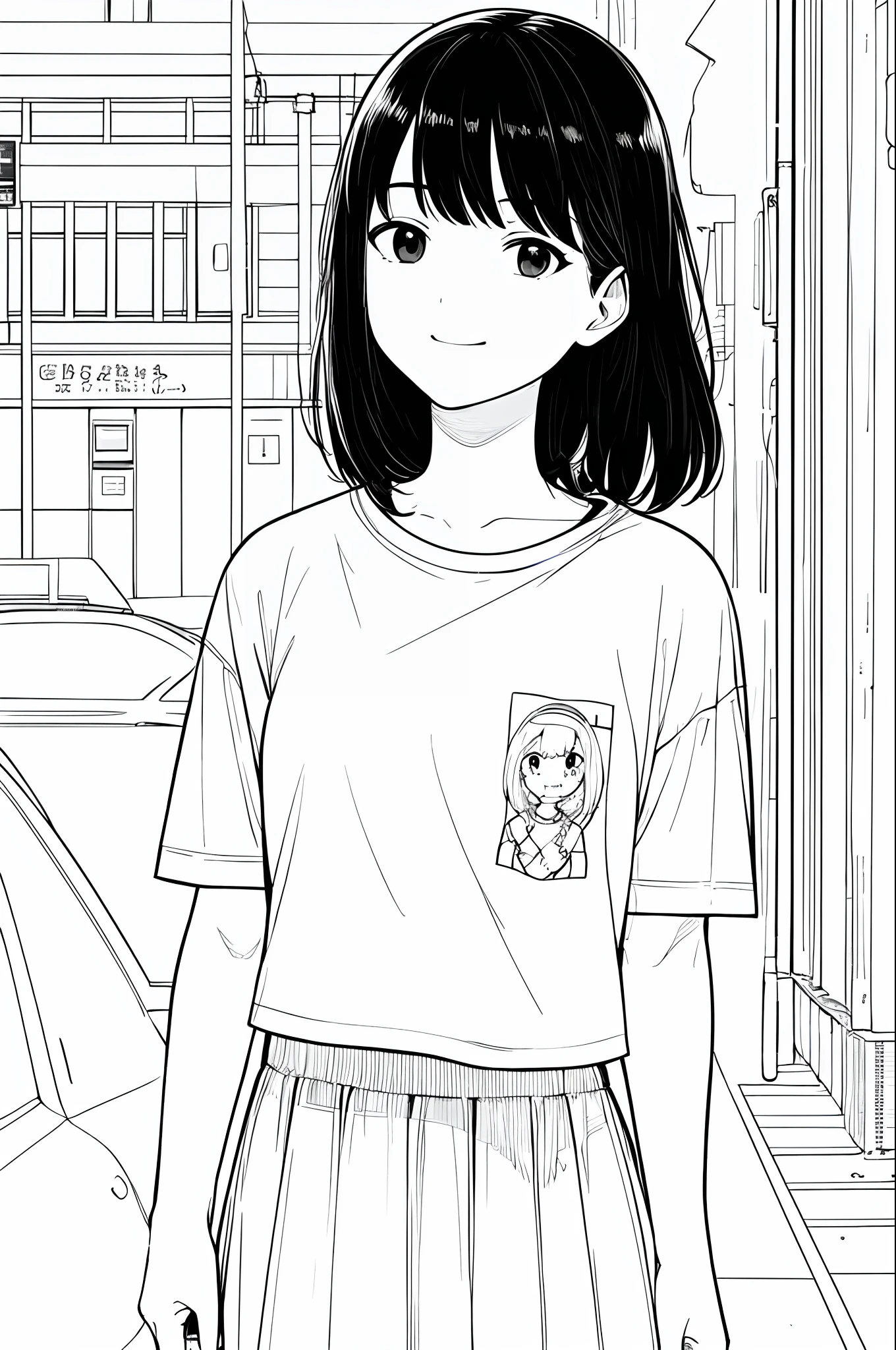 masterpiece, top-quality, 1girl in, tshirts, A slight smil, backpack, A dark-haired, Black eyes, head phone, a street, monochromes, line-drawing、