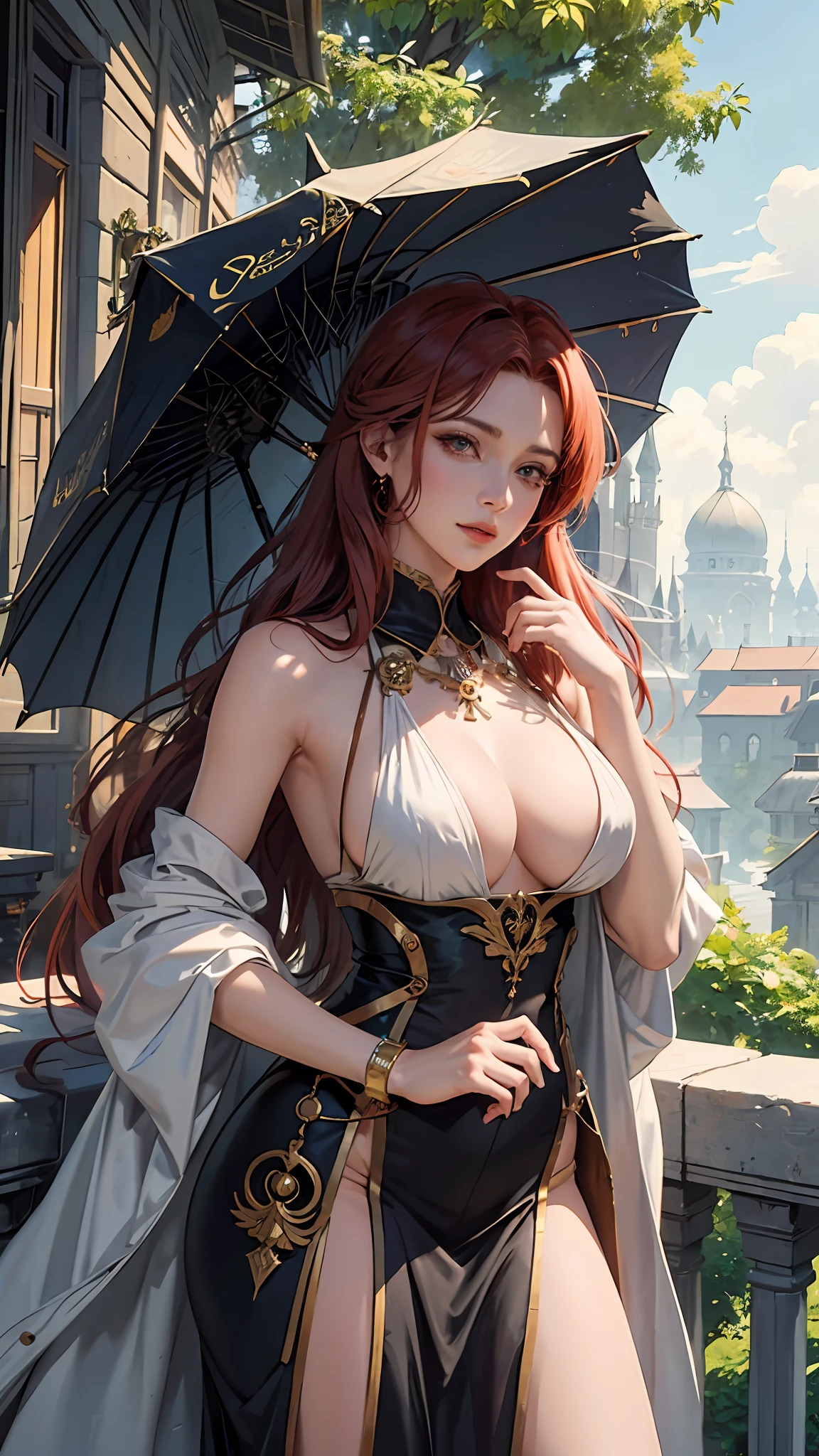 Anthropomorphism of gemstone garnet、(masterpiece、top-quality、top-quality)、(((Beautiful anime style girl、)))、28 year old、oversize model、((((large full breasts)))、((Red hair)))、Redeye、Hairstyle is long、straight haired、Extreme details、colourfull、Groism、Birthstone Moonstone Image Frame、Art concept art by Can Riffis and Vadimukasin、Ethereal、is standing、flawless、Pure form、the golden ratio、Khan Griffith、Wadim Kashin、john william waterhouse、abstract art、 (masterpiece、top-quality、hight resolution: 1.4)、More about realism、color splashes、line-drawing、Fibonacci、concept-art、foco nítido、illustratio、Art by Alphonse Mucha、Tarot Cards