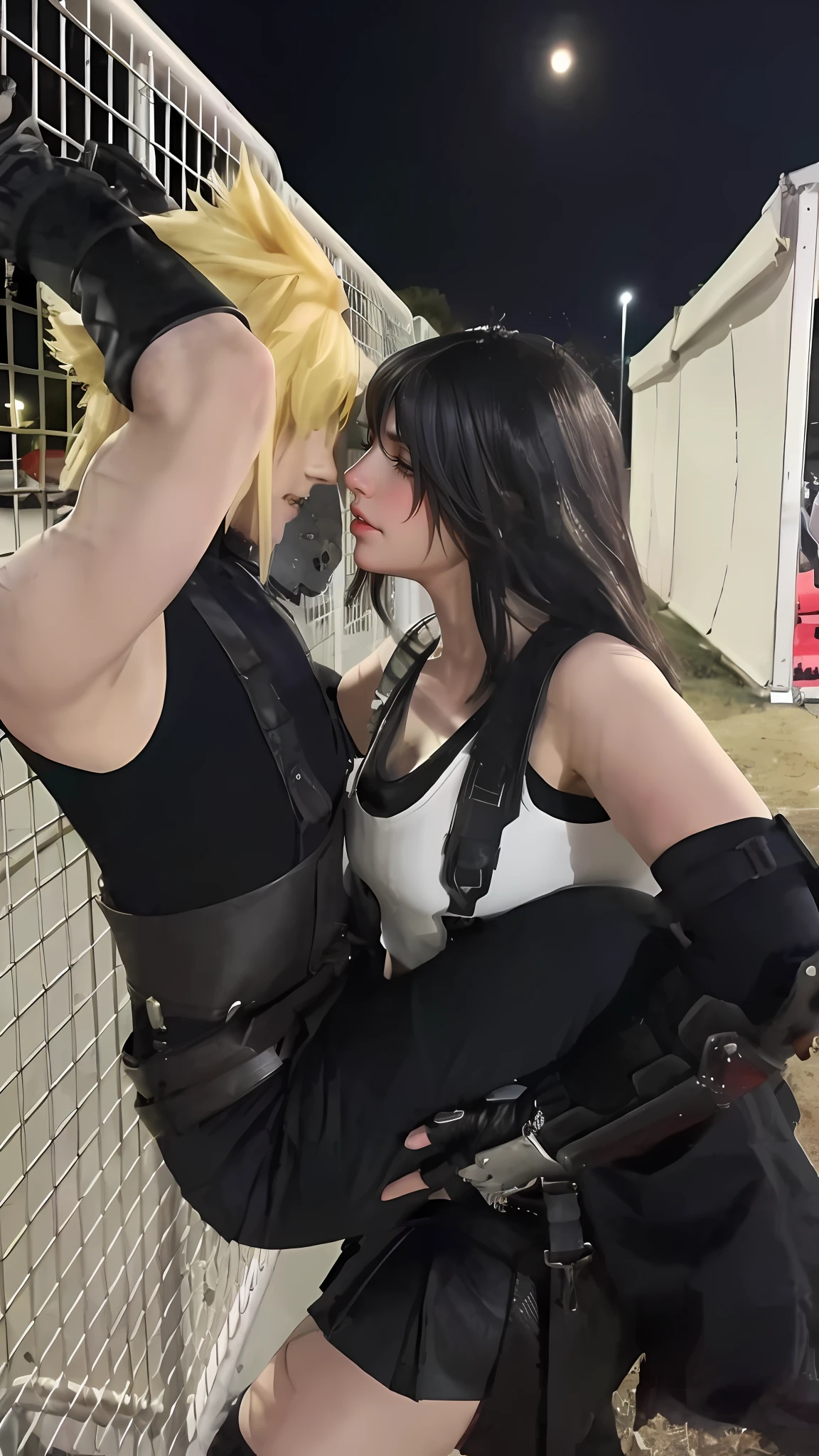 tmasterpiece，HighestQuali，style of anime，Two people dressed up as characters kissing on the fence, from ff7, Tifa Lockhart, From《Final Fantasy VII》, cosplay foto, tifa lockheart, kissing together cutely, professional cosplay, cosplay, full-cosplay, 📷 mungojerrie and rumpleteazer, publicity cosplay, ff Tifa, badass posture, Charming Tifa Lockheart
