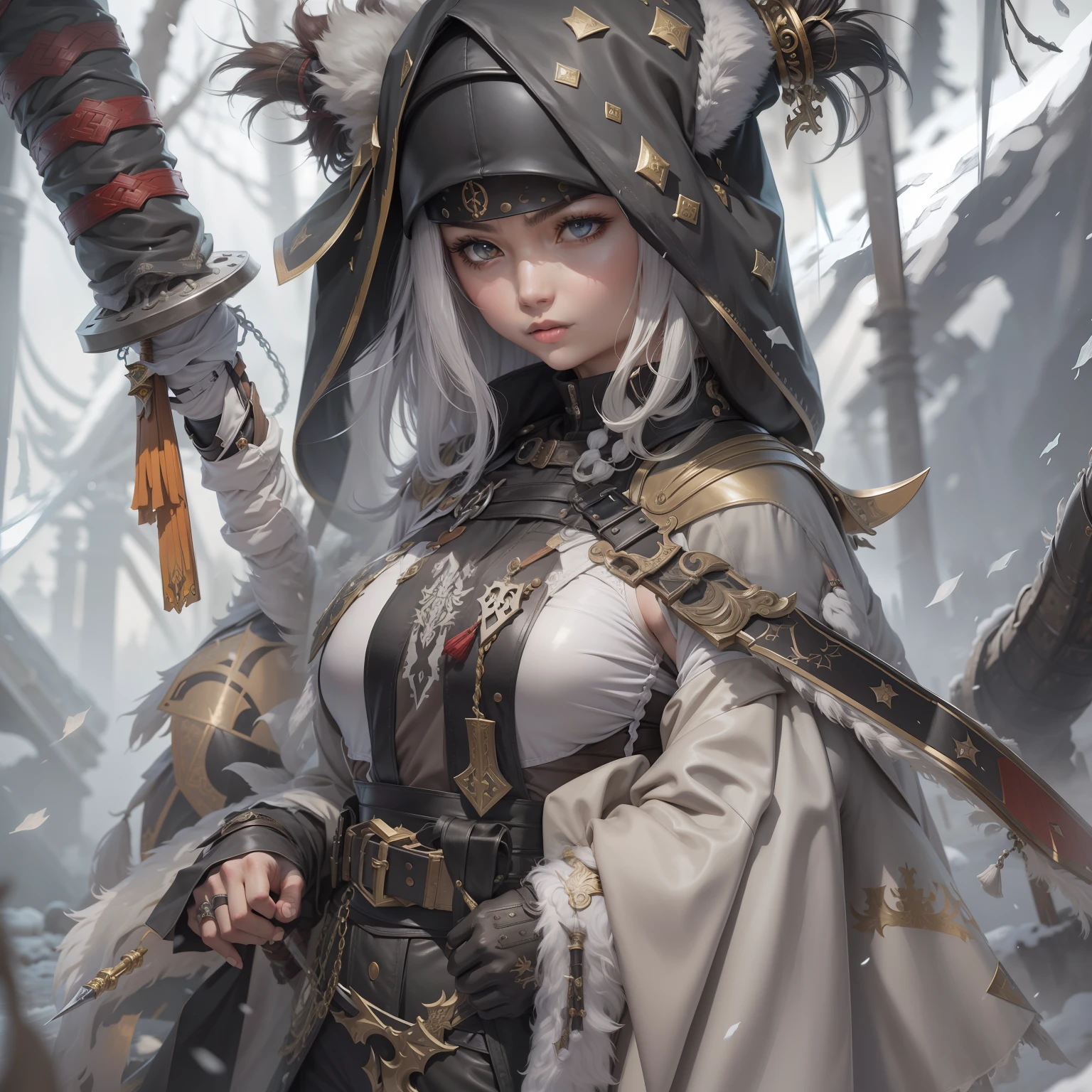 heavy snowy,tarot cards, Weapons of the future, 32K, Linen cloak, short detailed hair, thin fog, tarot cards, tmasterpiece,16k,clutching a sword, Tarot elements, Reflectors, bloods, Eastern Asia, Weapon focus, knifes, shorter pants, fumo, Mist, The clothes ar, bandagens, sword sheath, Leather, 独奏