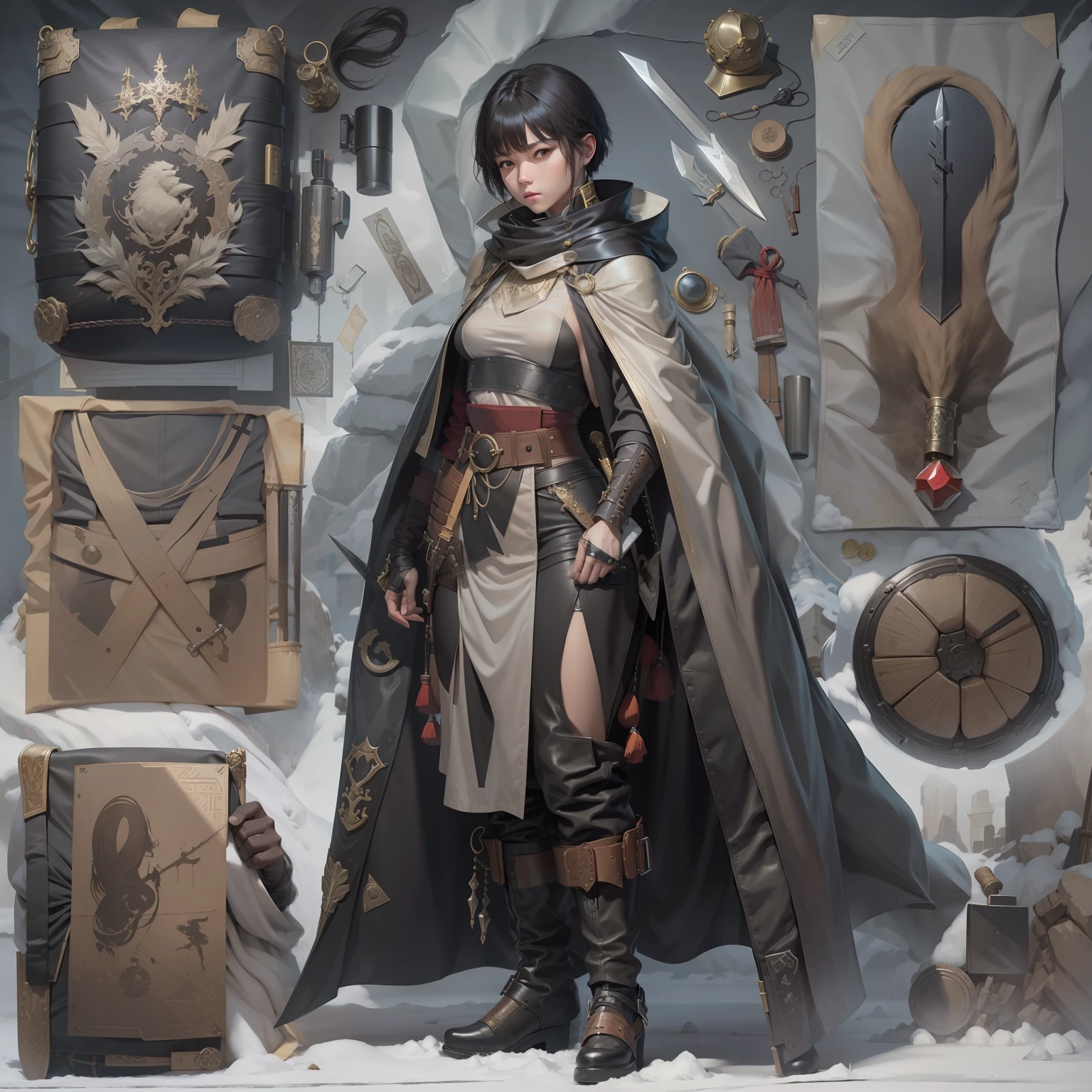 heavy snowy，tarot cards， Weapons of the future， 32K, Linen cloak, short detailed hair， thin fog， tarot cards， tmasterpiece，16k,clutching a sword， Tarot elements， Reflectors， bloods， Eastern Asia， Weapon focus，  knifes， shorter pants， fumo，  Mist， The clothes ar， bandagens， sword sheath， Leather， 独奏