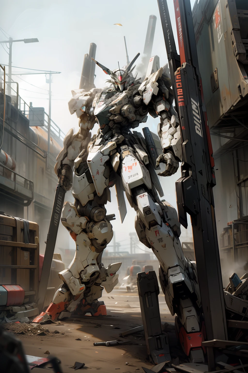 metal gear mech, cool mecha style, mecha asthetic, War Mechs to Fight, mecha art, Modern Mecha Anime, anime machine gun fire, armored core style mecha, White Mecha, Alexandre Ferra White Mecha, an armored core on the ground, Armored Core