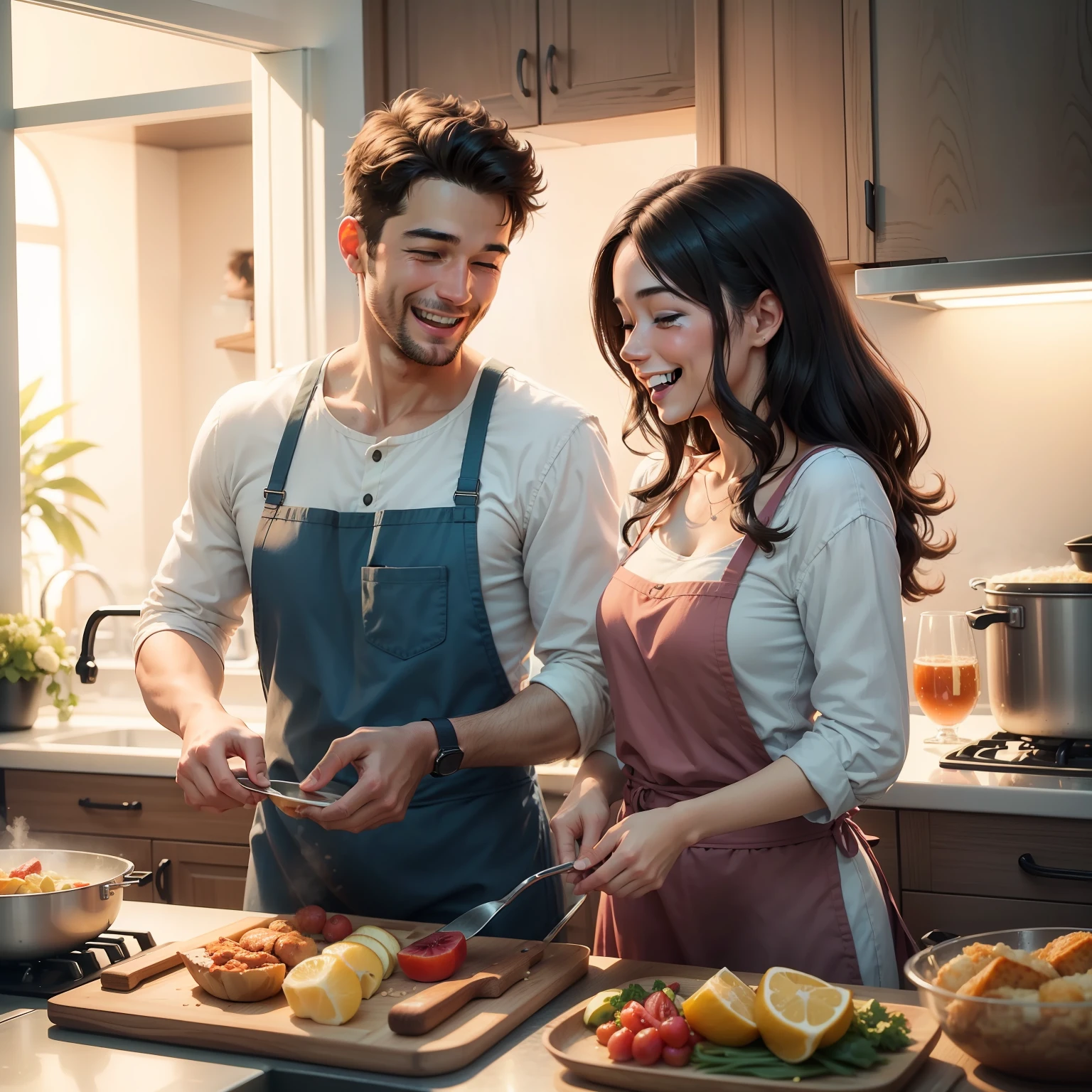 A couple laughing together while cooking or sharing a meal, simbolizando momentos de felicidade e cumplicidade no cotidiano