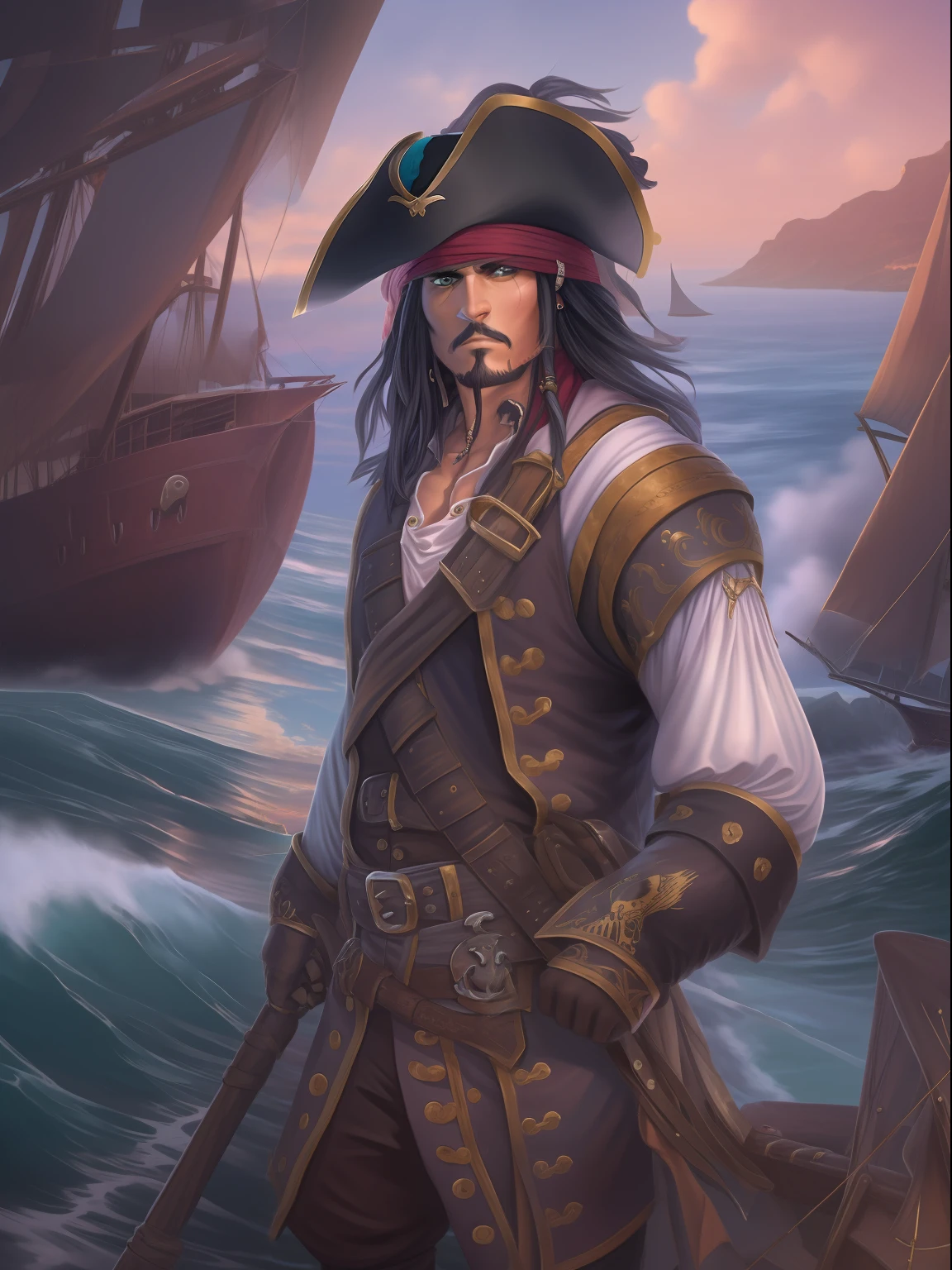 "Create a breathtaking fullbody masterpiece featuring a captivating pirate character with black hair, a patch over his right eye, wearing a doublet and a bandana on his head, set against a stunning seascape backdrop."