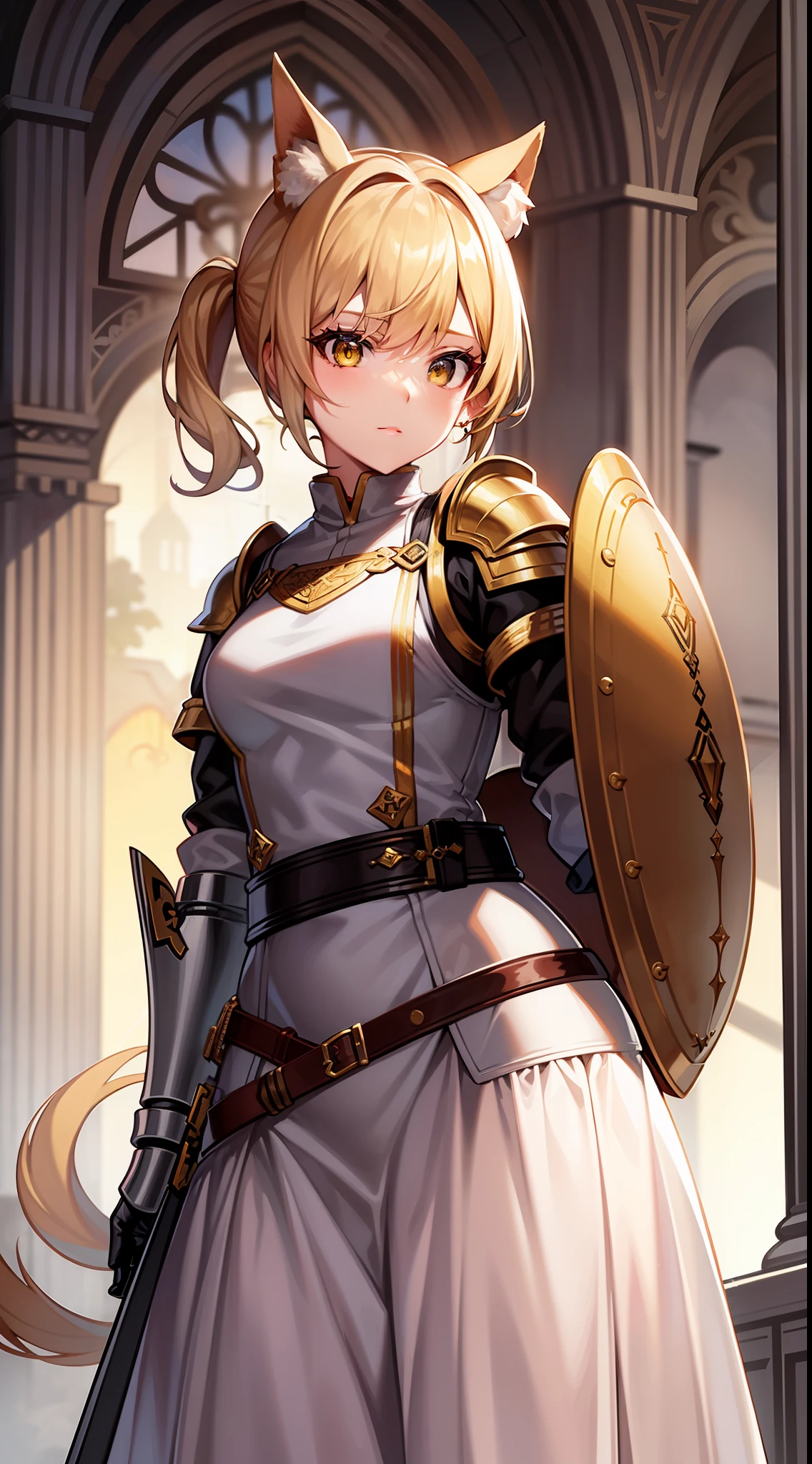 Masterpiece, Best quality, high resolution, Solo, 
1girll, blond hairbl, Yellow eyes, pony tails, Animal ears, Tail, 
Original costume 2, a white long skirt, Armor,  sword, a shield,