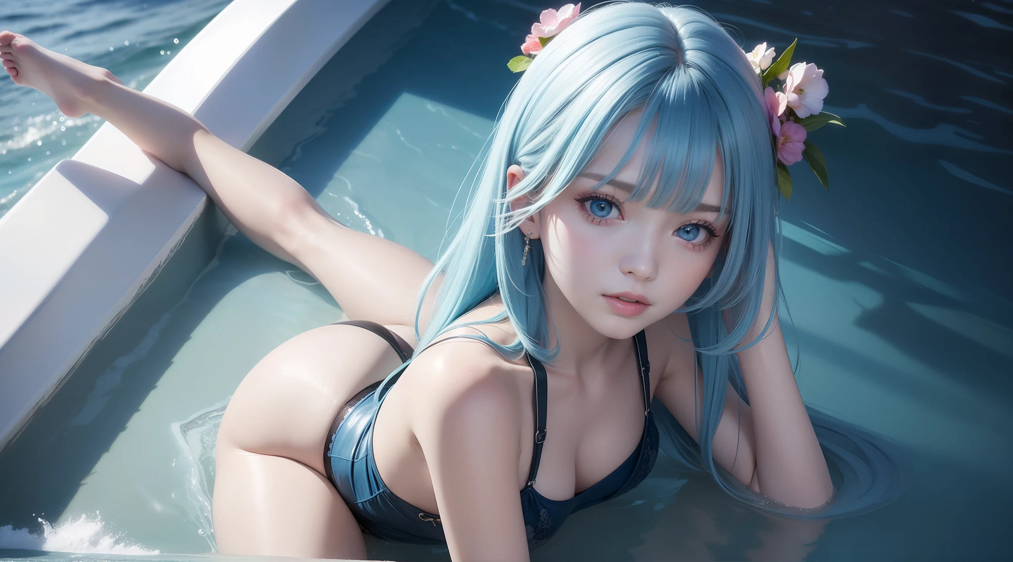 highest quality, masterpiece, everything details, solo, high_res,1 pretty girl, light blue hair, standard body, center, hair makeup, pretty face, light makeup, Tyndall effect, leg photo realistic, dark studio, daylight, clear, inshore sea, hawaiian coast, clear blue sea, wet shadow body, (high detail skin: 1.2), 8k uhd, dslr, studio lighting , high quality, photo, high resolution, 8k, bokeh.