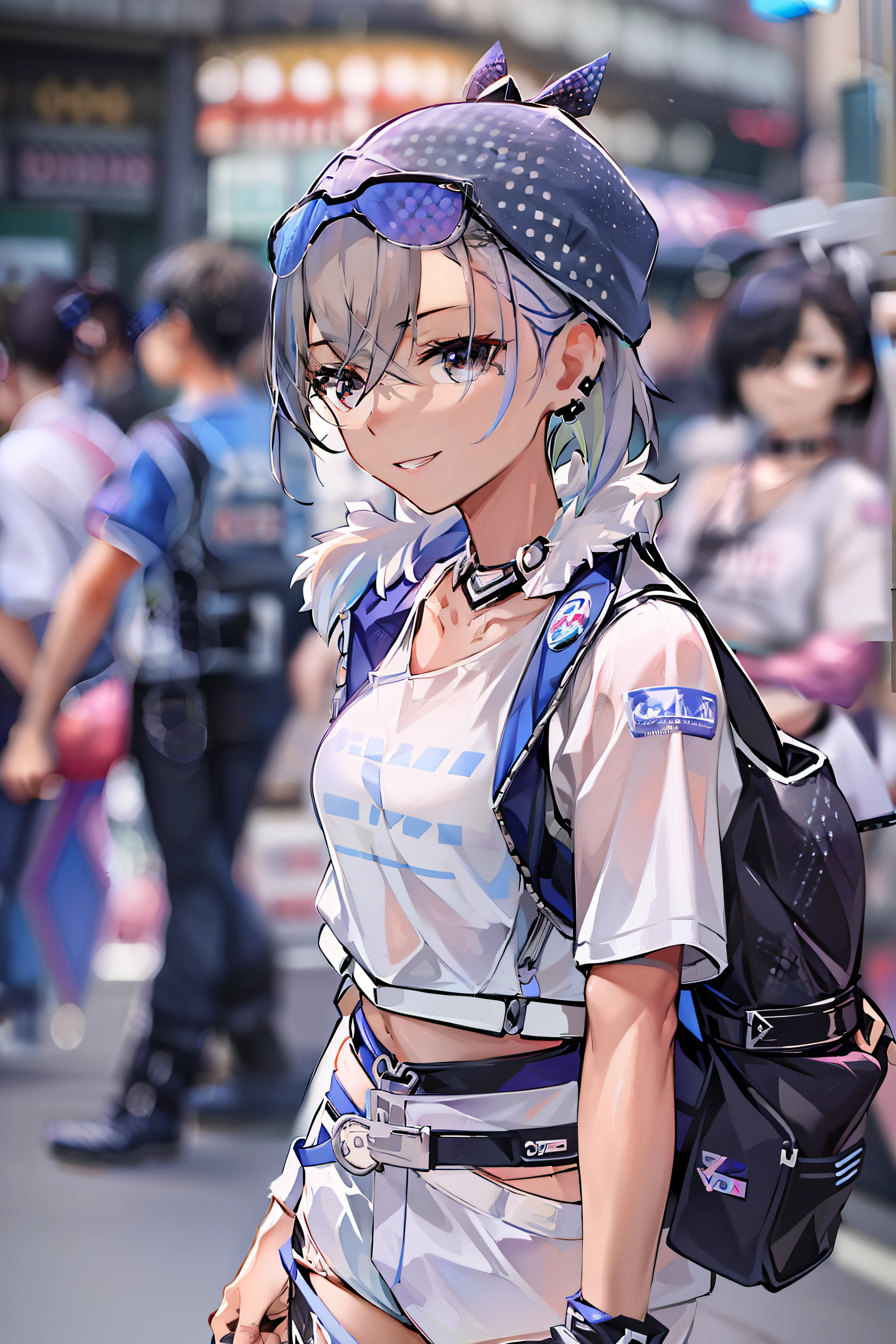 Beautiful woman medium hair、hated、cyberpunked、a short bob、a blond、White Summer Knitted Cap、 odd eye、blue right eye、Green left eye、Blue Leather Vest、Long white T-shirt、White Cargo Pants、Black Engineer Boots、head phone、Carried a sword on his back Japan、Sprint、In front of Shibuya Station、natta、Well-formed fingertips of both hands、Full body like、Colossal tits、A smile、Extend your left hand to us