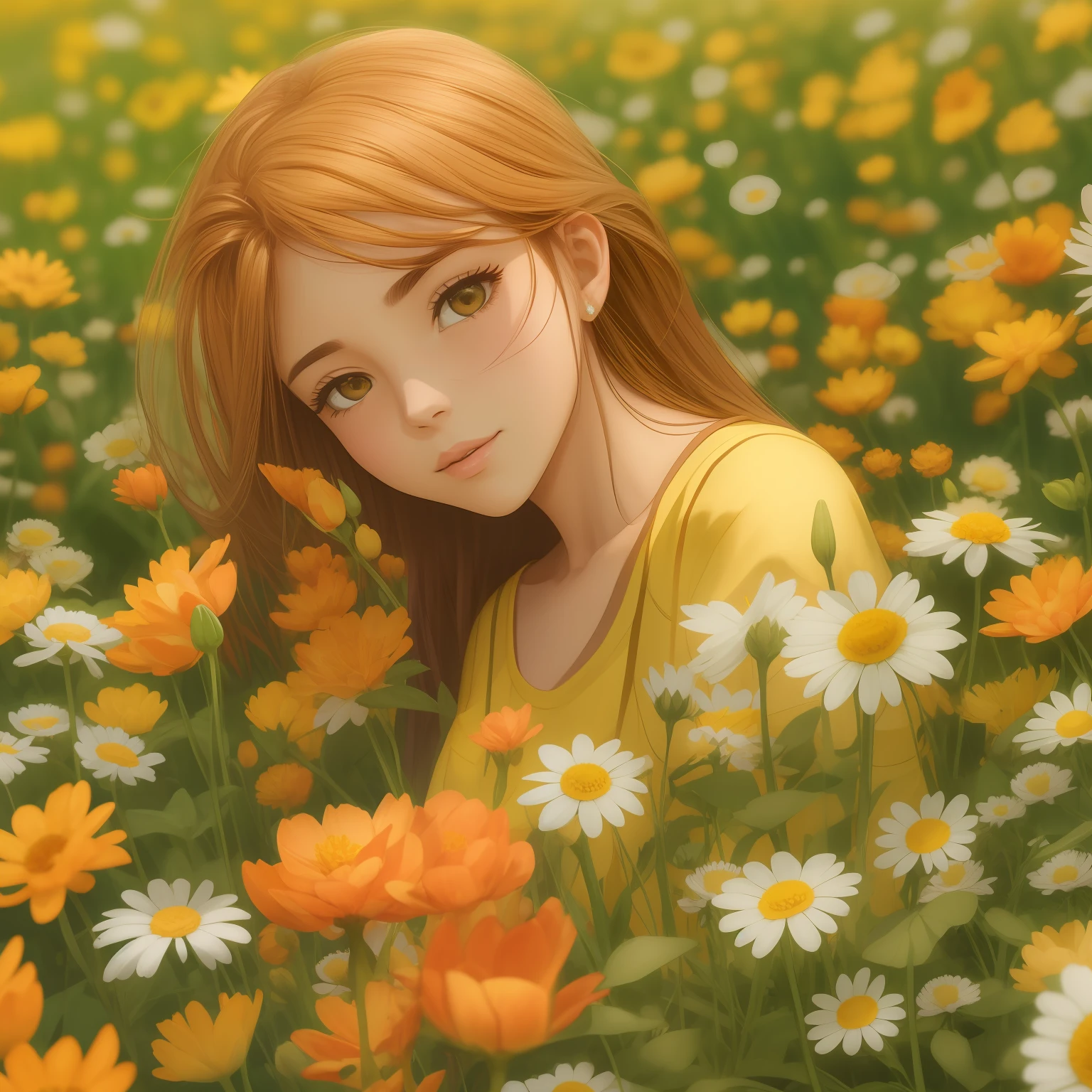 um close up de uma pessoa sentada em um campo de flores, sentado em um campo de flores,  sentada em um campo de flores, sentado com flores, menina campo de flores, menina nas f em um campo de flores, menina anime girasnita, em um campo com flores, menina em um leito de flcom flores amarelas ao redor