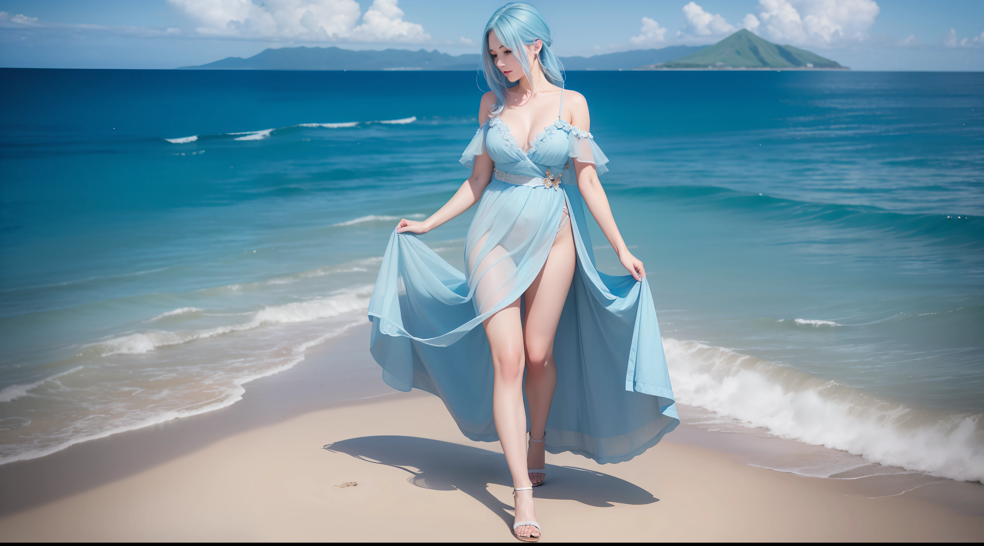 highest quality, masterpiece, detailed everything, solo, high_res, full body of a beautiful girl walking towards the viewer, light blue hair, standard body, center, hair makeup, pretty face, light makeup , Tyndall effect, realistic photo, dark studio, daylight, clear, inshore sea, hawaiian coast, clear blue sea, wet shadow body, (high detail skin: 1.2), 8k uhd, dslr, studio light, high quality, photo, high resolution, 8k, bokeh.