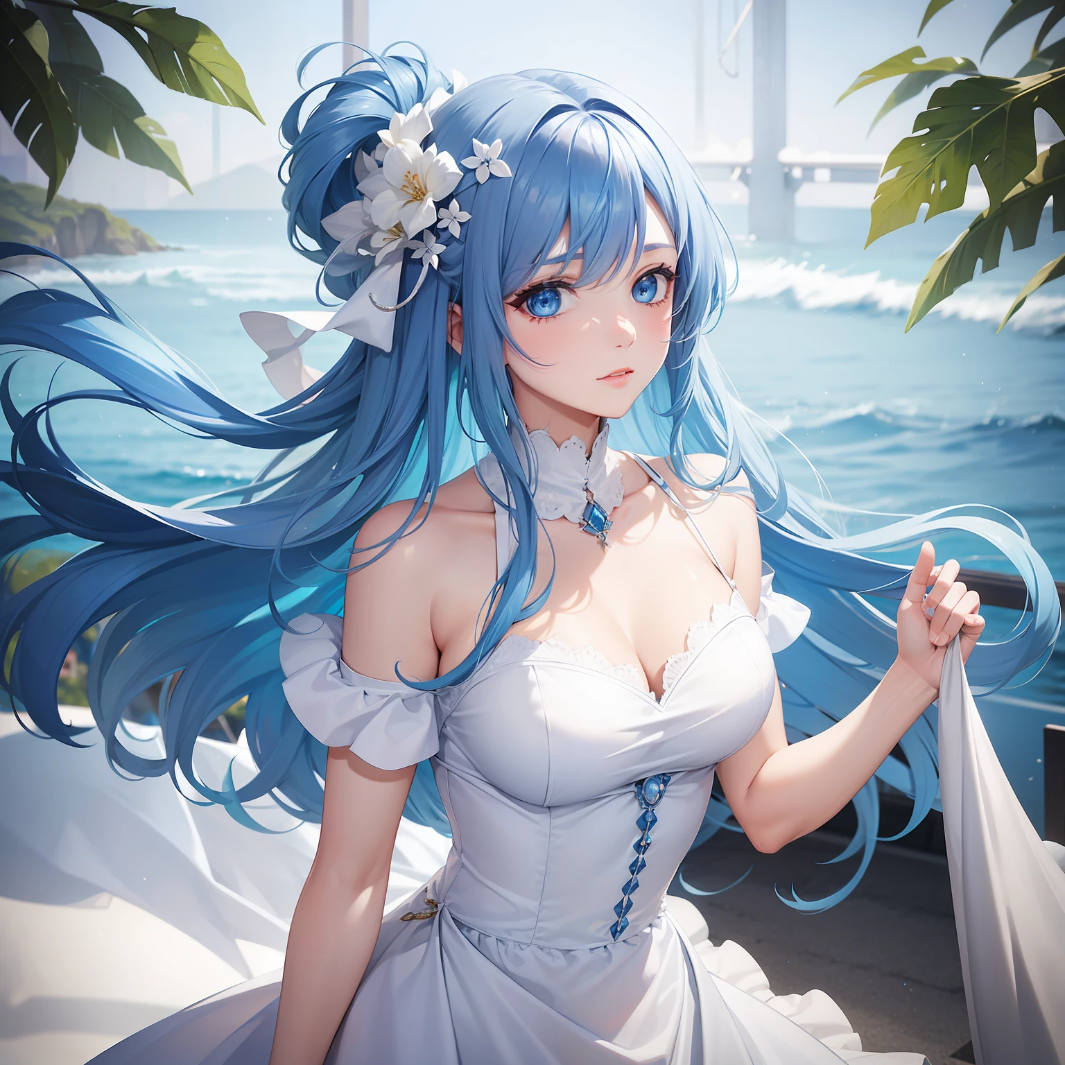a women, blue hair, blue eyes, white dress