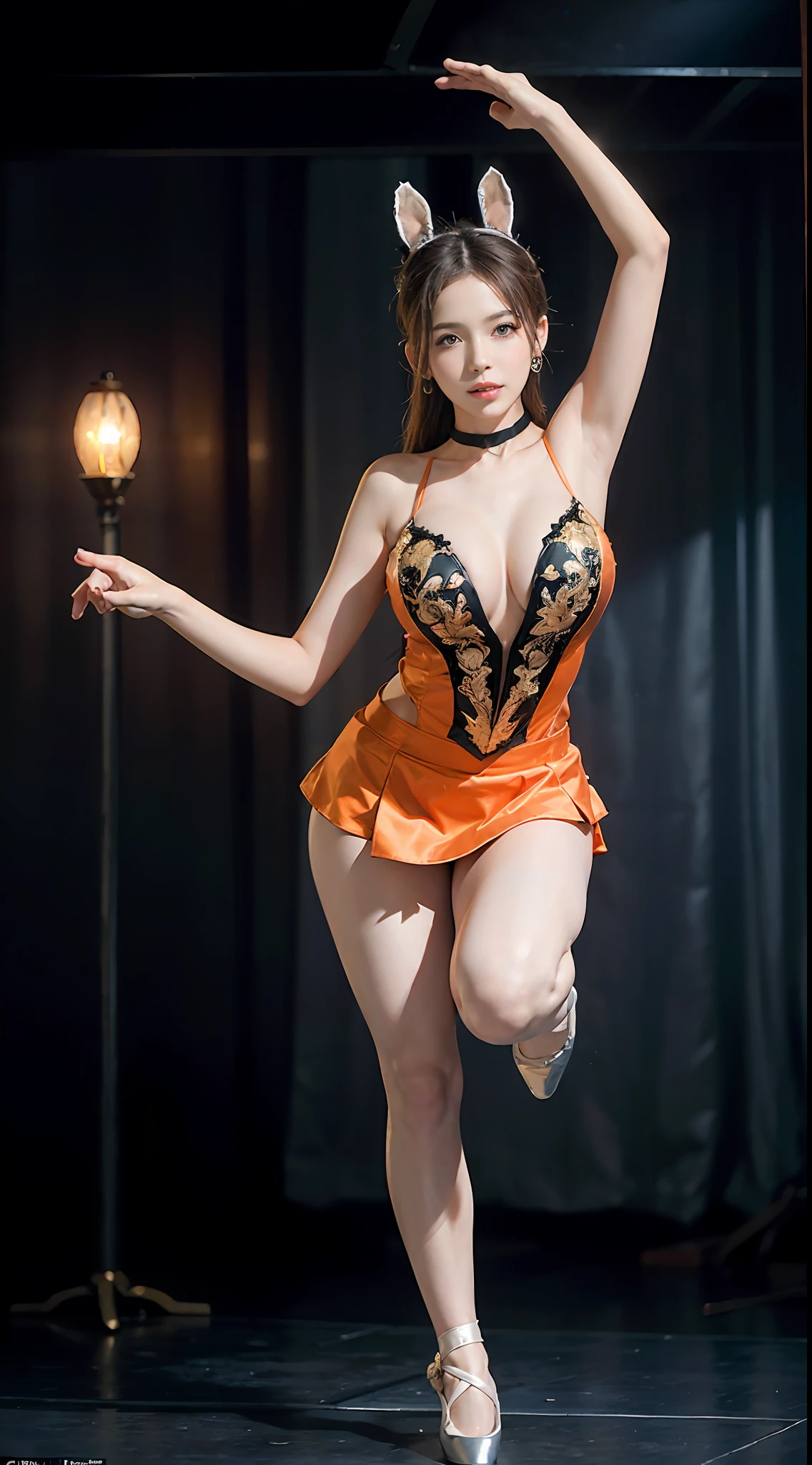 Surrealist women by David Hockney and Alphonse Mucha,Fantasyart,photographrealistic,动态照明,art stations,poster for,huge tit!lamplight,Stage,perform,theater,Volumetriclighting,Tall beauty,body high,Very detailed faces,4 k'',1girll,Stage,low tune,facial closeups,(Orange ballet costume,Ballet costume,Ballet costumes,ballet dance,Miniskirt bunny girl headdress,cleavage:1.4), updo hair,lots of people,Redlip,ssmile,low chest,deep v big breasts,huge tit,Raised sexy,Bigchest,Large breasts,Breast swelling,Raised chest,blackstockings,Breasts are plump,crisp breasts,A plump chest,the breasts are large,Seductive expressions,Wear earrings,The skirt floated,Hair flowing up,Fairy under fan,wearing a choker,Wear a bracelet,The stands up,standing on your feet,long leges,blackstockings,Wet all over,Moisturizes the whole body,huge tit,Red lips,stocklings,gigantic cleavage breasts,black lence stockings,slenderlegs,Hot dance,ballet dance,Ballerina,full bodyesbian,beautifullegs,Dance,gracefulness,soft,softness,Noble,Rich,largeeyes,eye shadows,Long legs,beautifullegs,Thin leg,split,splitting legs,Dance,Dancer,split,Aerial capture,Jump up,Suspended in the air,Dancing in the air,legs long