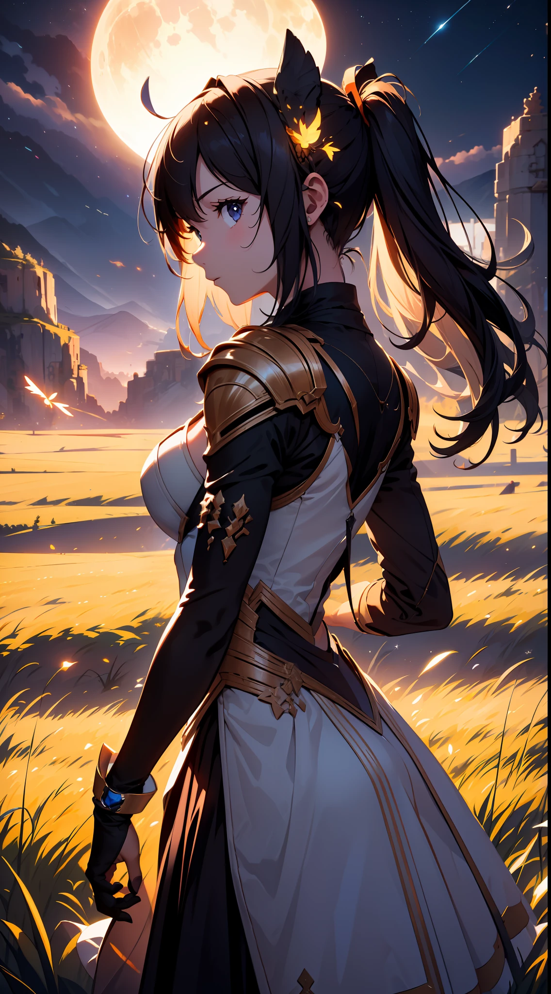 Vast landscape photo, (viewed from below, the sky is above and the open field is below), a girl standing on a flower field looking up, (full moon: 1.2), (meteor: 0.9), (nebula: 1.3), distant mountains , Trees BREAK Crafting Art, (Warm Light: 1.2), (Fireflies: 1.2), Lights, Lots of Purple and Orange, Intricate Details, Volumetric Lighting, Realism BREAK (Masterpiece: 1.2), (Best Quality), 4k, Ultra-Detailed, (Dynamic Composition: 1.4), Very Detailed, Colorful Details, (Rainbow Colors: 1.2), (Glow Lighting, Atmospheric Lighting), Dreamy, Magical, (Solo: 1.2)