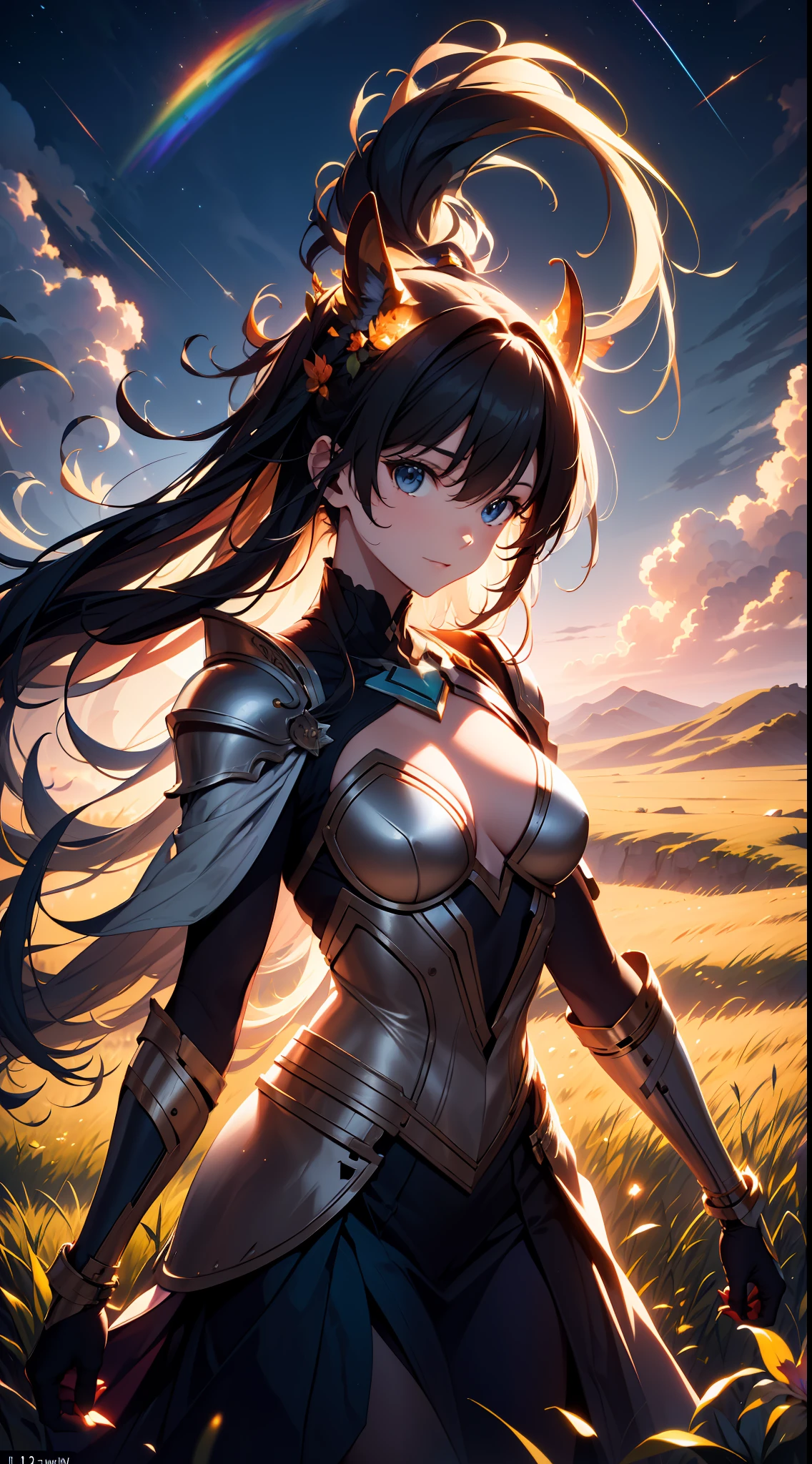 Vast landscape photo, (viewed from below, the sky is above and the open field is below), a girl standing on a flower field looking up, (full moon: 1.2), (meteor: 0.9), (nebula: 1.3), distant mountains , Trees BREAK Crafting Art, (Warm Light: 1.2), (Fireflies: 1.2), Lights, Lots of Purple and Orange, Intricate Details, Volumetric Lighting, Realism BREAK (Masterpiece: 1.2), (Best Quality), 4k, Ultra-Detailed, (Dynamic Composition: 1.4), Very Detailed, Colorful Details, (Rainbow Colors: 1.2), (Glow Lighting, Atmospheric Lighting), Dreamy, Magical, (Solo: 1.2)
