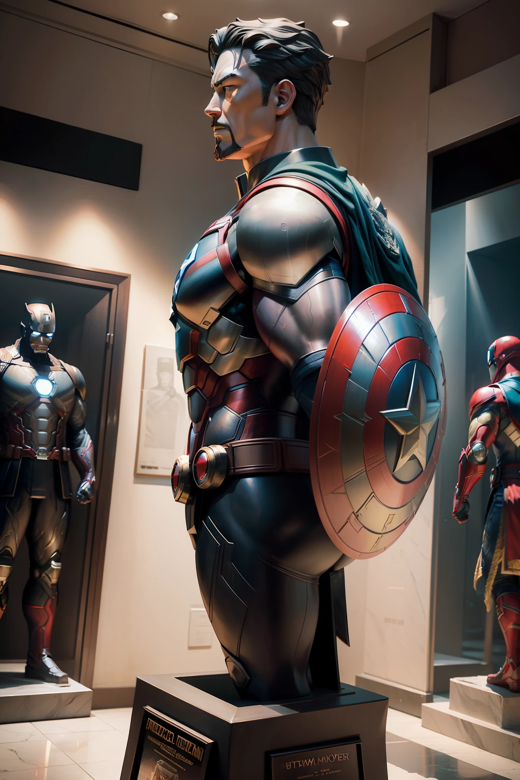 marvel museum, turists from japan, ( marble statue) ( statue of captain america, statue of hulk, statue of black widow ) ( iron man armor ), ( oil panting of Thor and doctor strange ) , from above, strong sense of three-dimensional, perspective, realistic fantasy by Don Maitzgreen