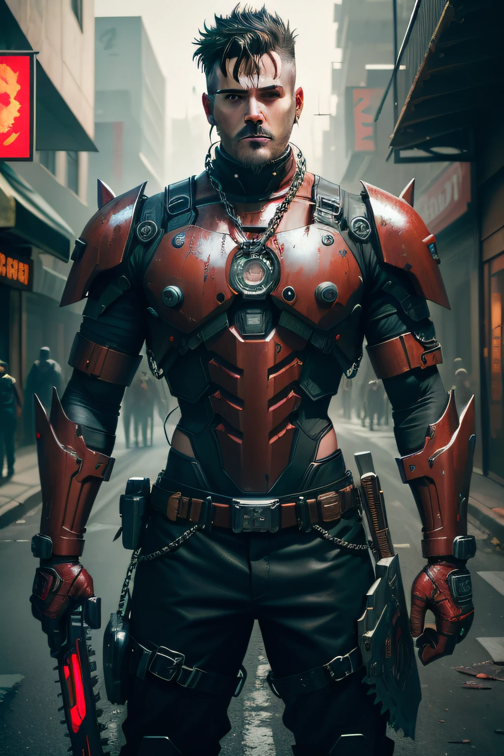 Dark_Fantasy,Cyberpunk,(chain saw,chain saw man,Red:1.1),1man,Mechanical marvel,Robotic presence,Cybernetic guardian, wearing a worn-out mech suit, intricate, (steel metal [rusty]), elegant, clear focus, shot by greg rutkowski, soft lighting, vibrant colors, masterpiece, ((street)), cowboy shot, dynamic pose,