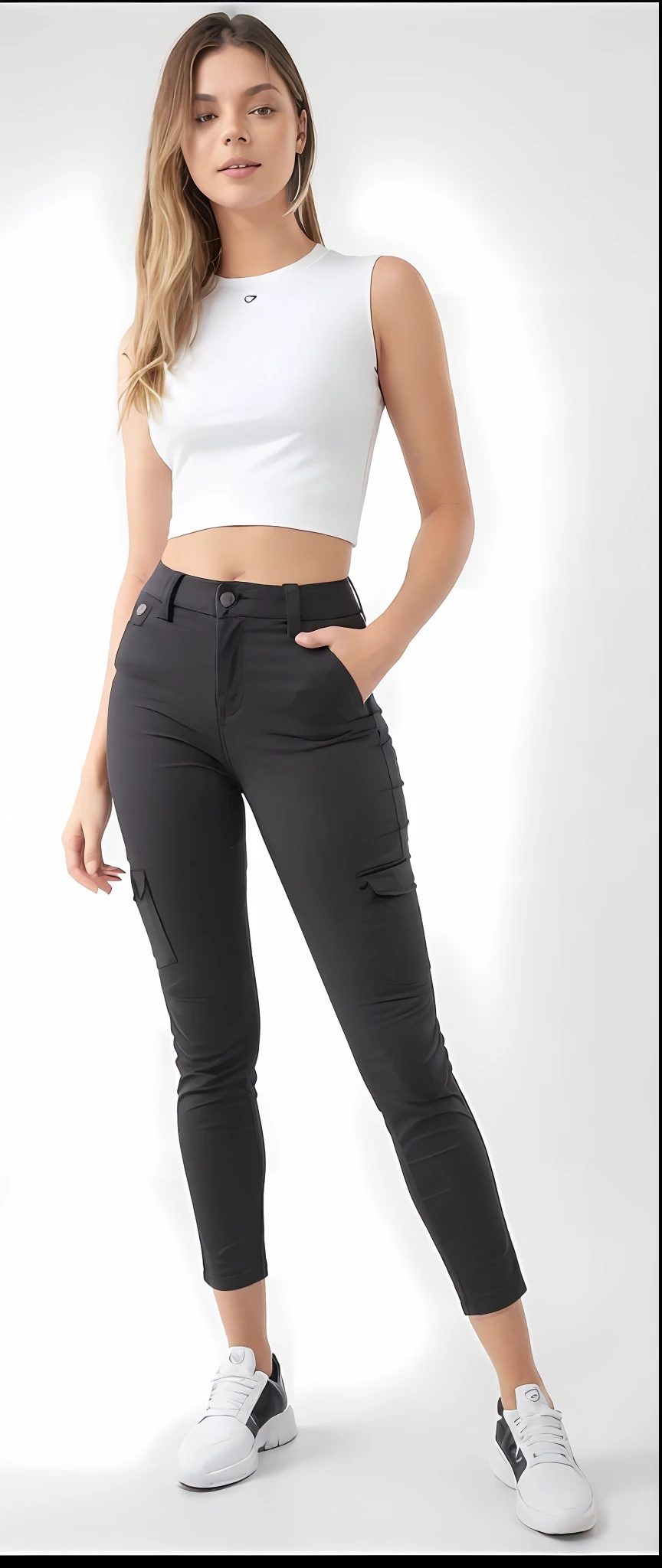 A beautiful woman in a white top and black pants posing for a photo, wearing tight cargo pants, cargo pants, extremely tight black jeans, pants clothing pants jeans black, black pants, pants clothes jeans, pants clothes jeans, jeans, Clothing, jeans and T-shirt, com dois bolsos frontais, wearing pants and a t-shirt, pants clothing pants jeans black, cintura fina, clothing jeans jeans jeans, cintura magra e quadris grossos